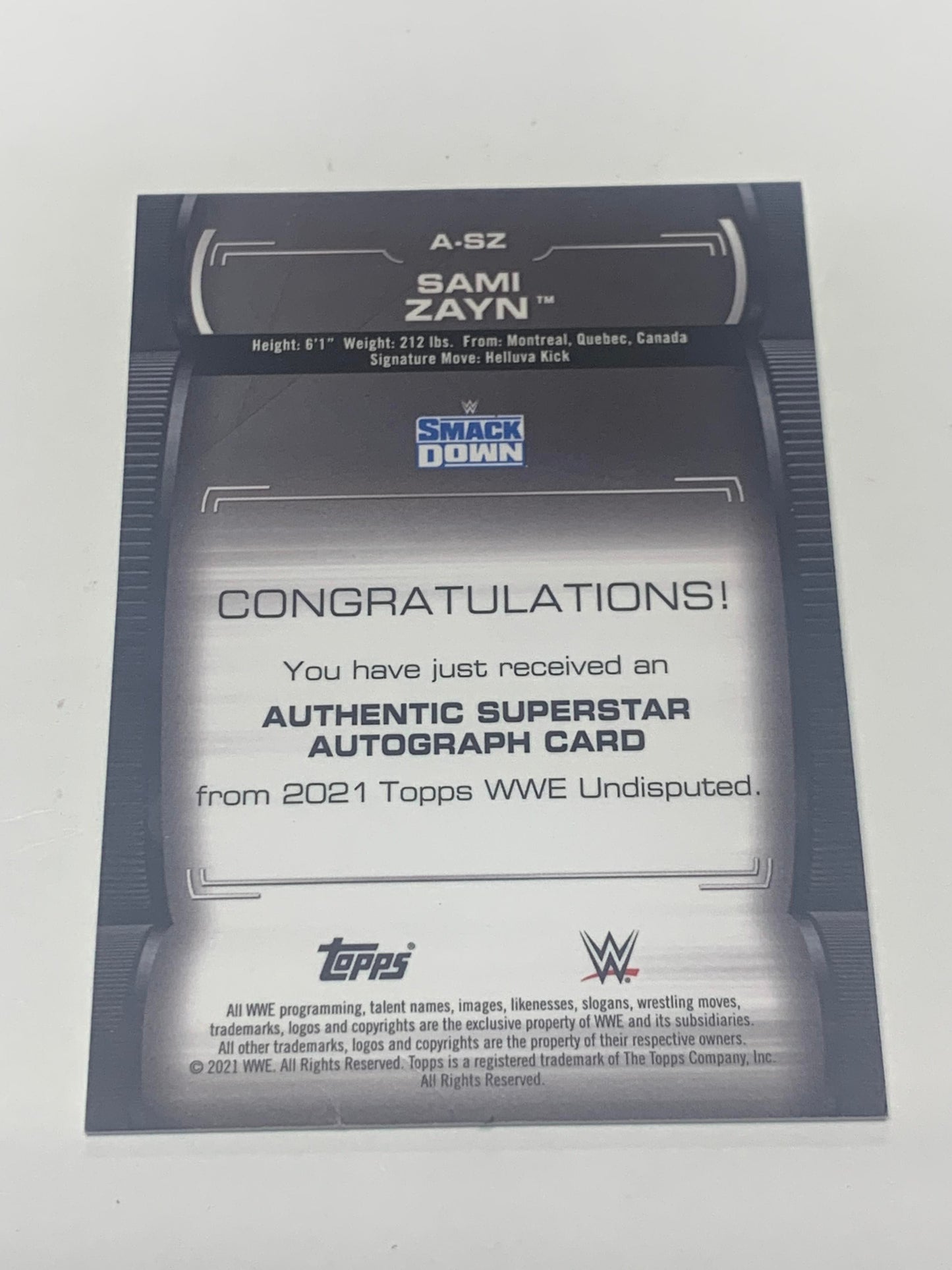 Sami Zayn 2021 WWE Topps Undisputed Authentic Superstar Autograph #/50