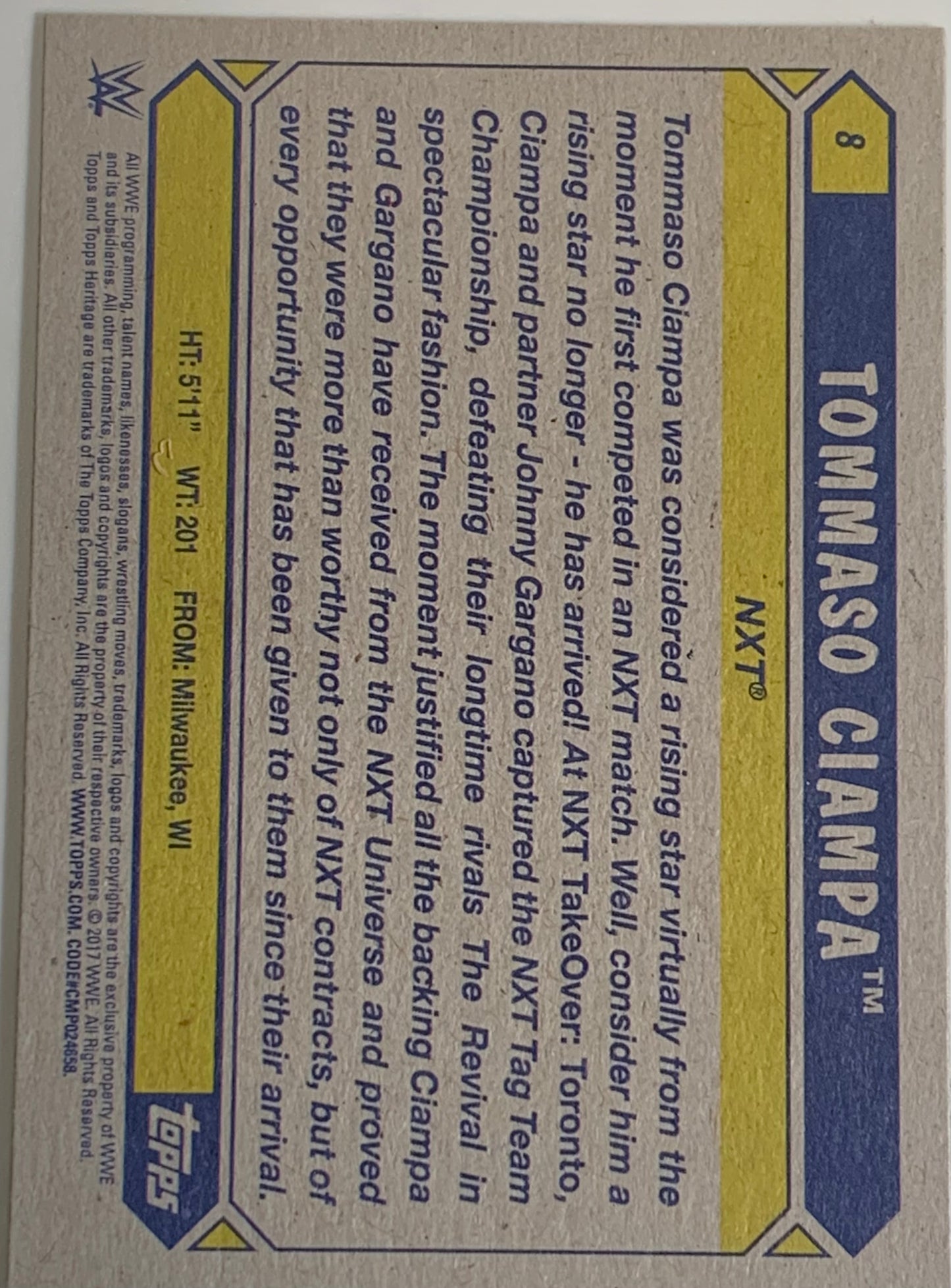 Tommaso Ciampa 2017 WWE NXT Topps Heritage “Future Stars” RC