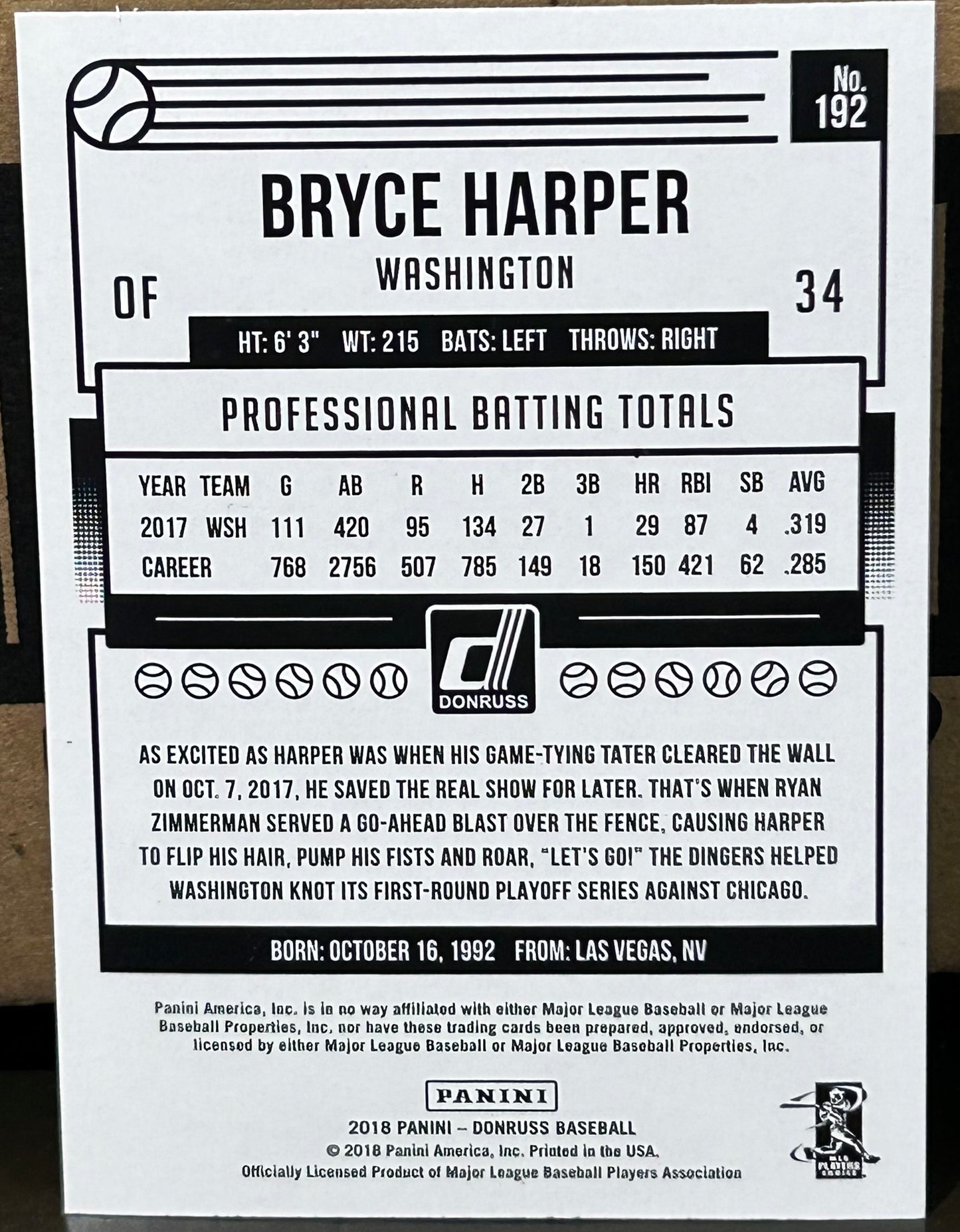 + Bryce Harper 2018 Panini Donruss Blue Holo Card WASHINGTON NATIONALS