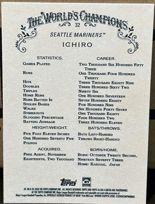 + Ichiro 2020 Topps Allen & Ginter Card SEATTLE MARINERS