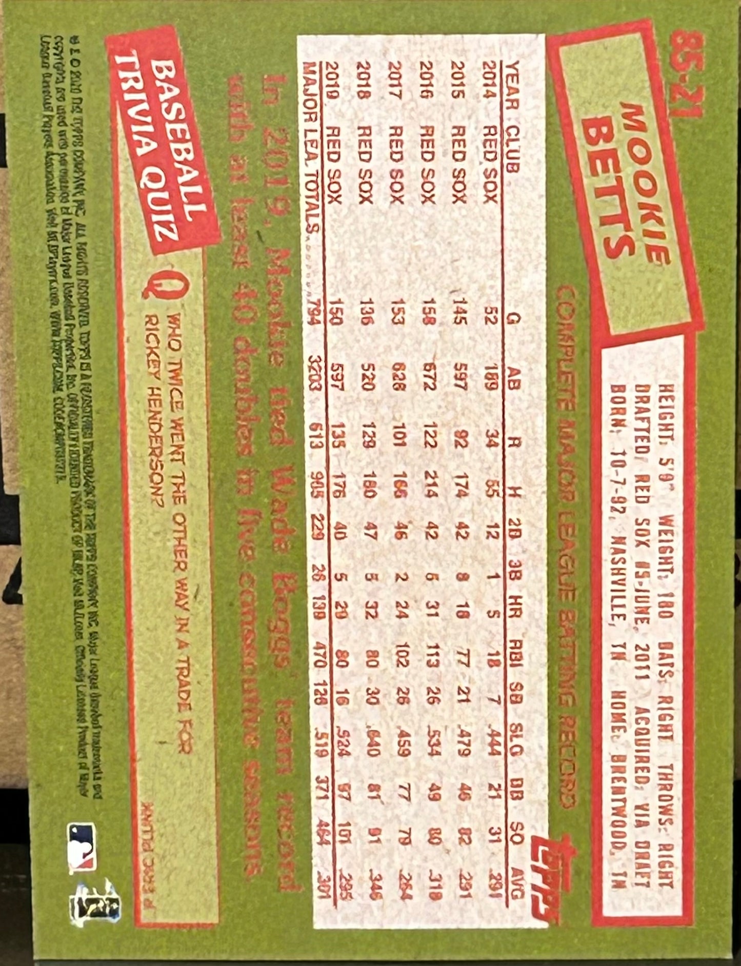 + Mookie Betts 2020 Topps (1985 Anniversary) Card BOSTON REDSOX