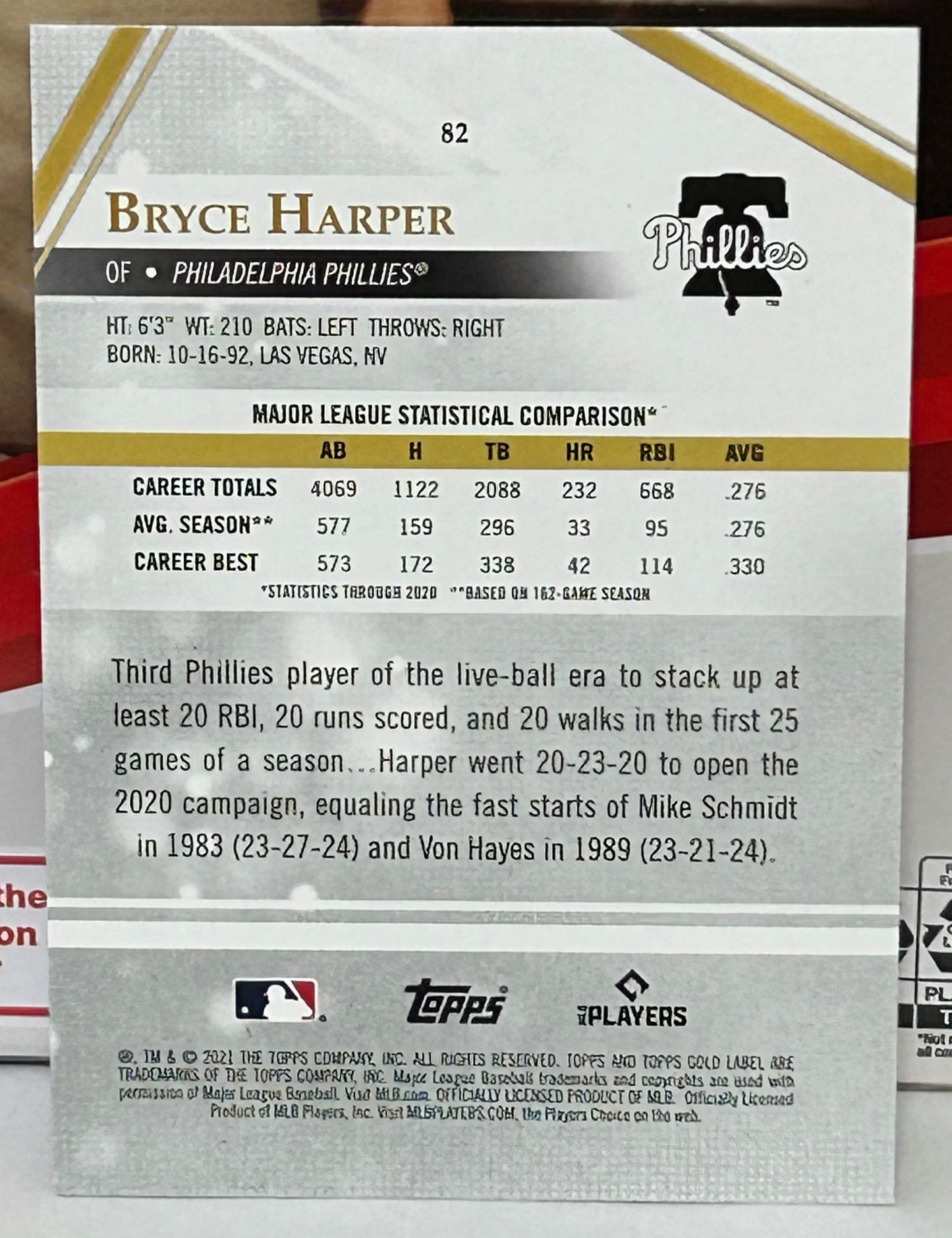Bryce Harper 2021 Topps Gold Label Card PHILLIES