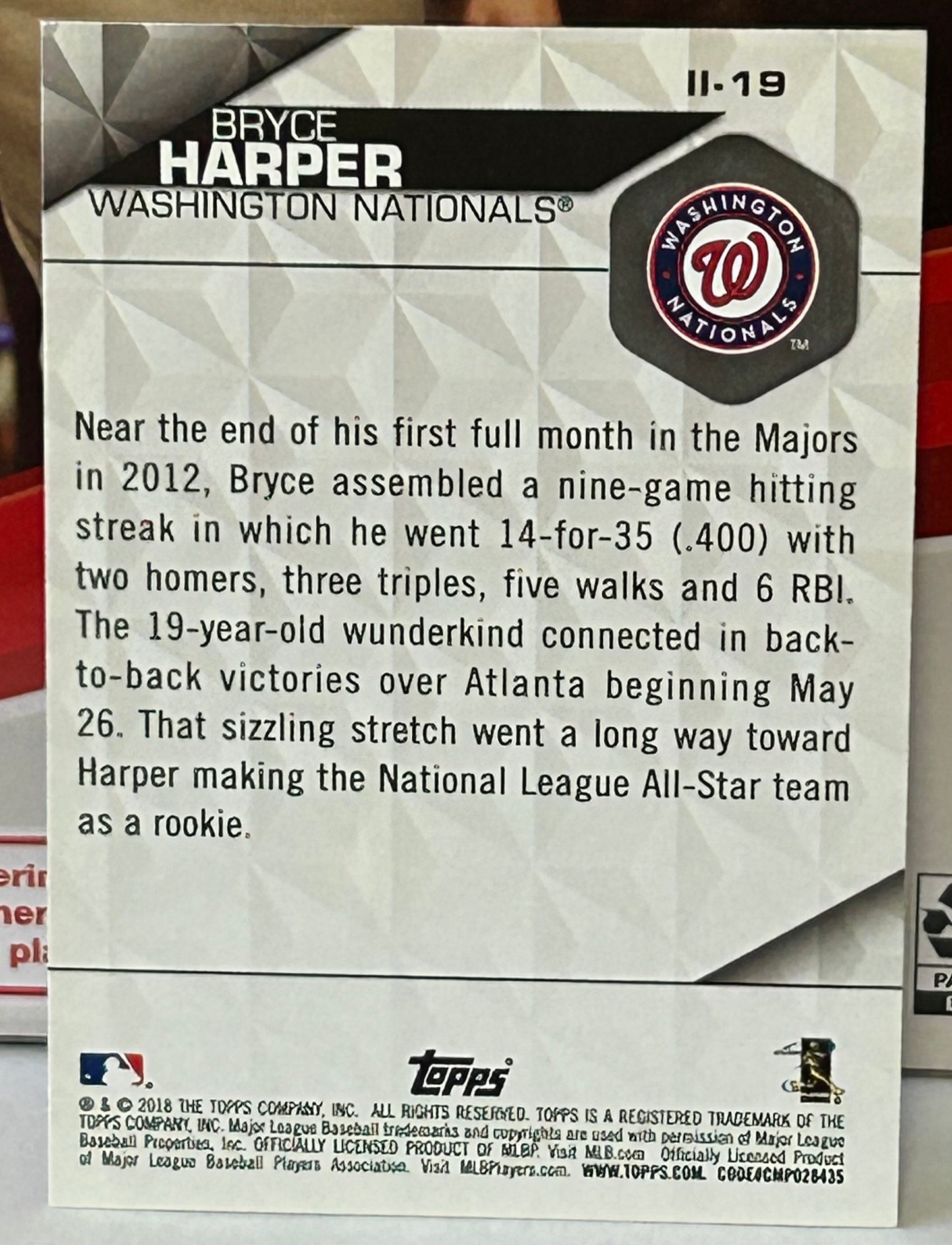 Bryce Harper 2018 Topps “Instant Impact” Insert Card NATIONALS