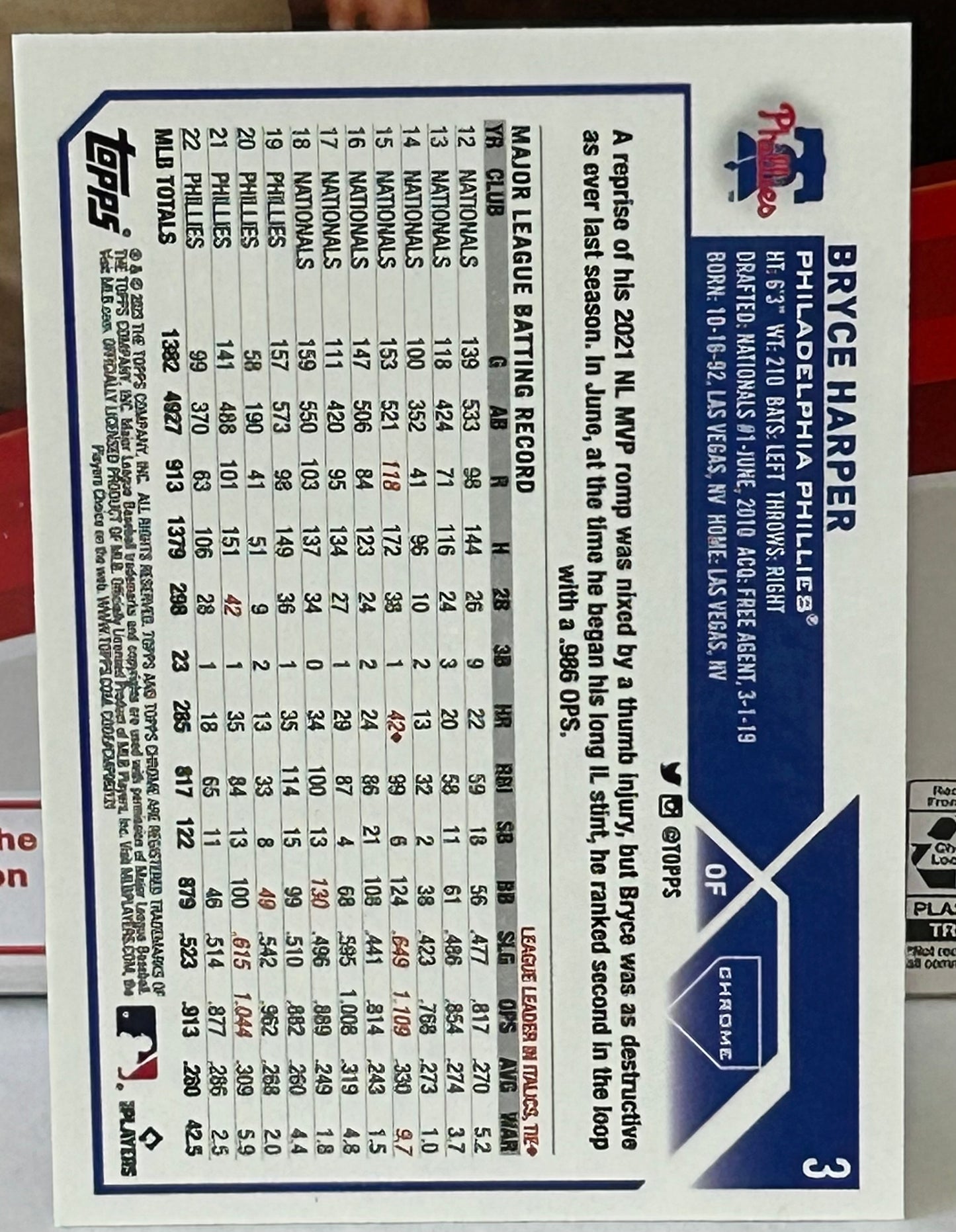 Bryce Harper 2023 Topps Chrome Baseball Card PHILLIES