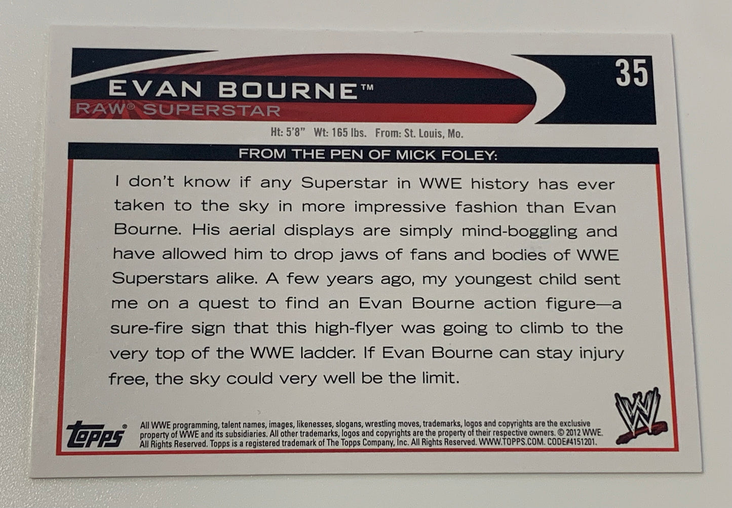 Evan Bourne SIGNED 2012 WWE Topps Card (Comes w/COA)!!!