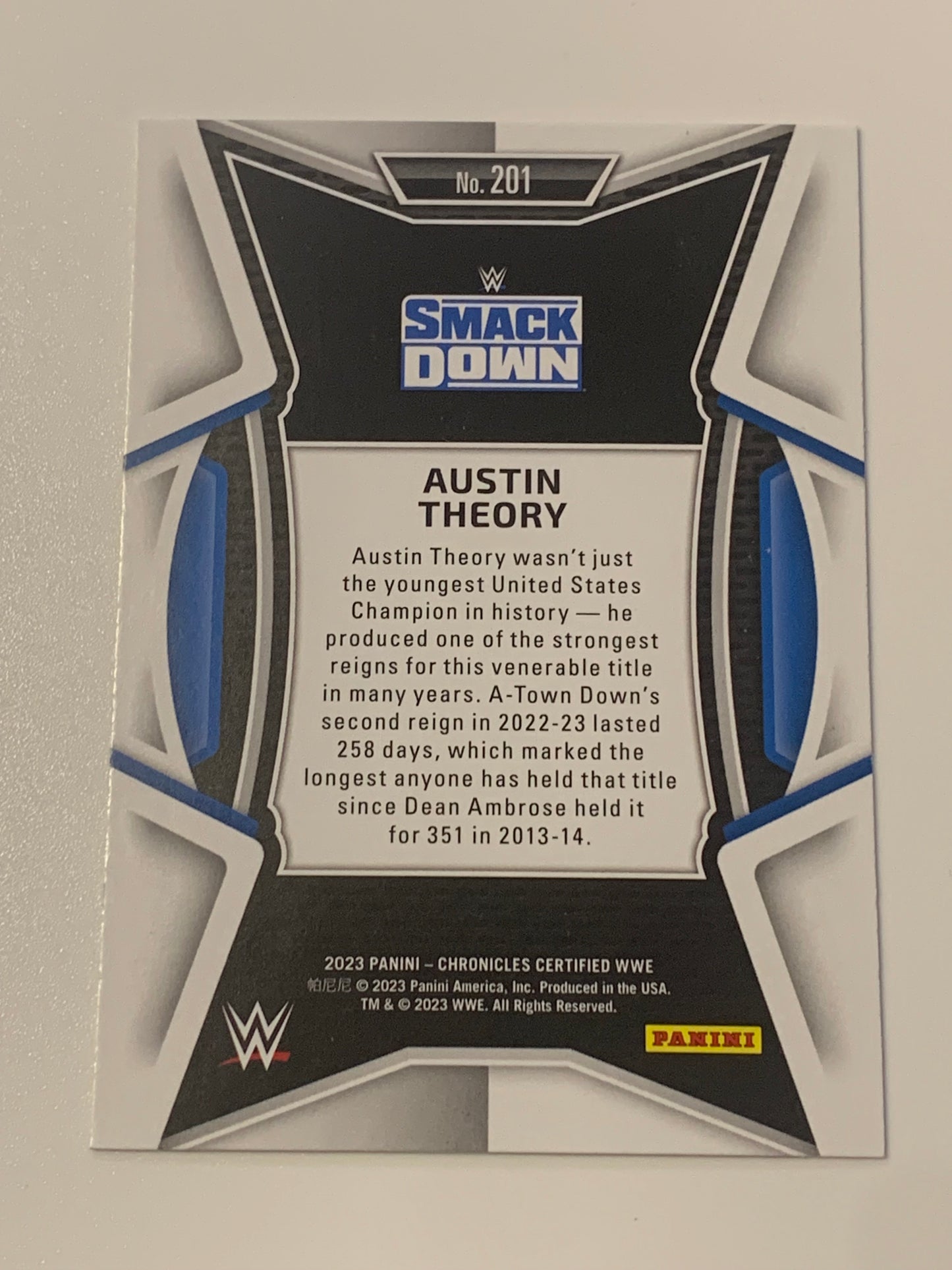 Austin Theory 2023 WWE Panini Chronicles Certified Card