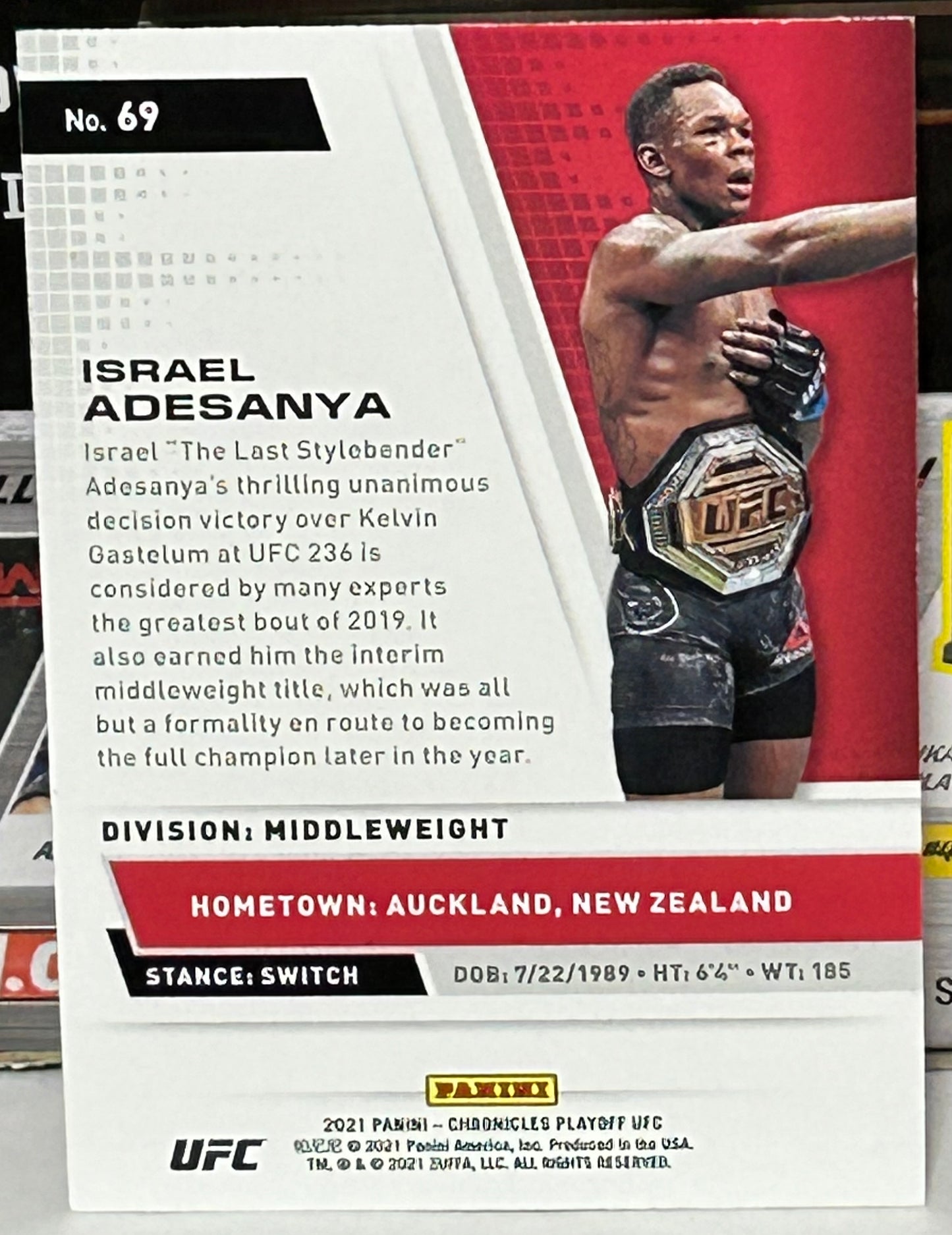 Israel Adesanya 2021 UFC Panini Chronicles Playoff Pink Parallel Card