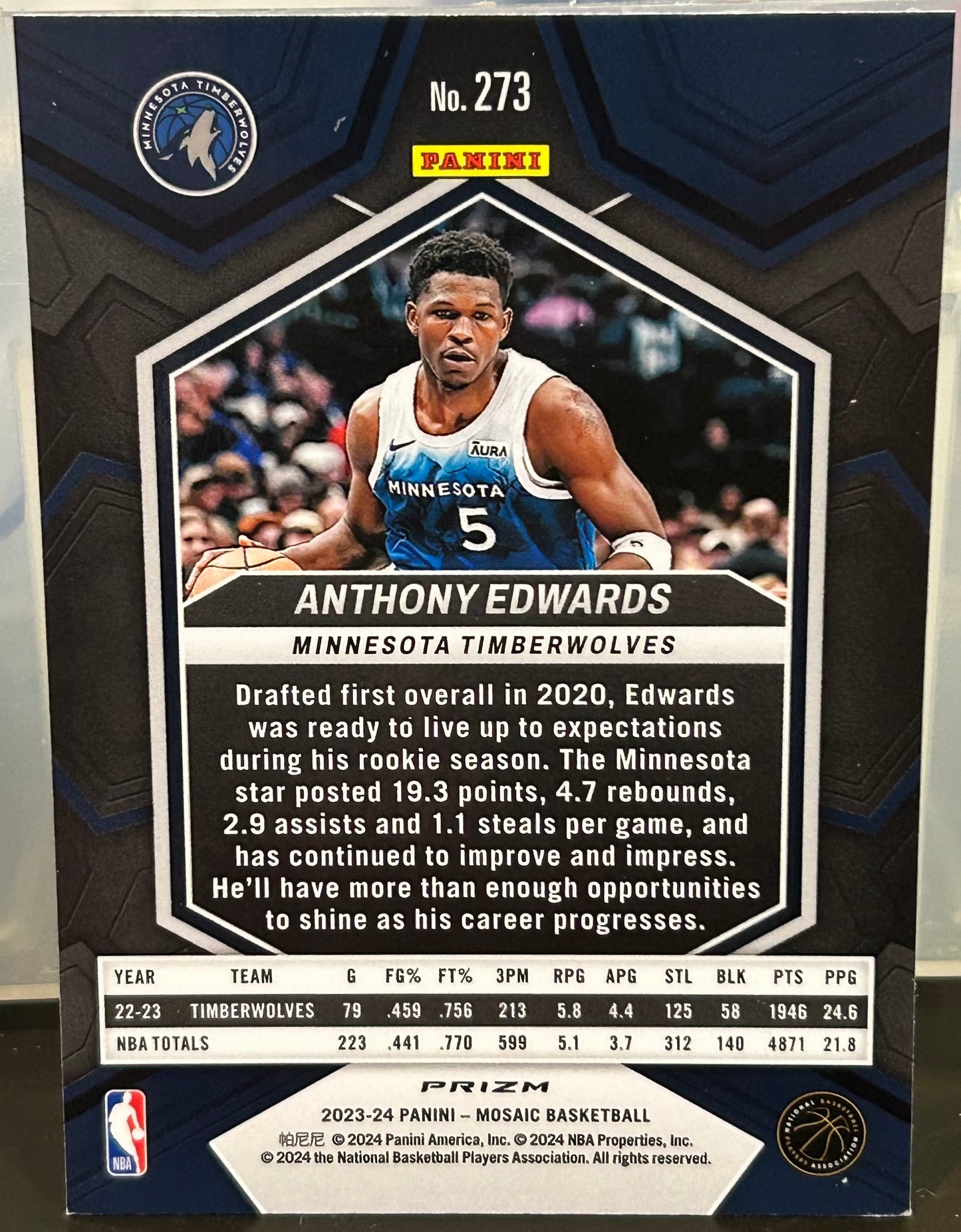 + Anthony Edwards 2023-24 Panini Mosaic “City Edition” Green Prizm Refractor Card