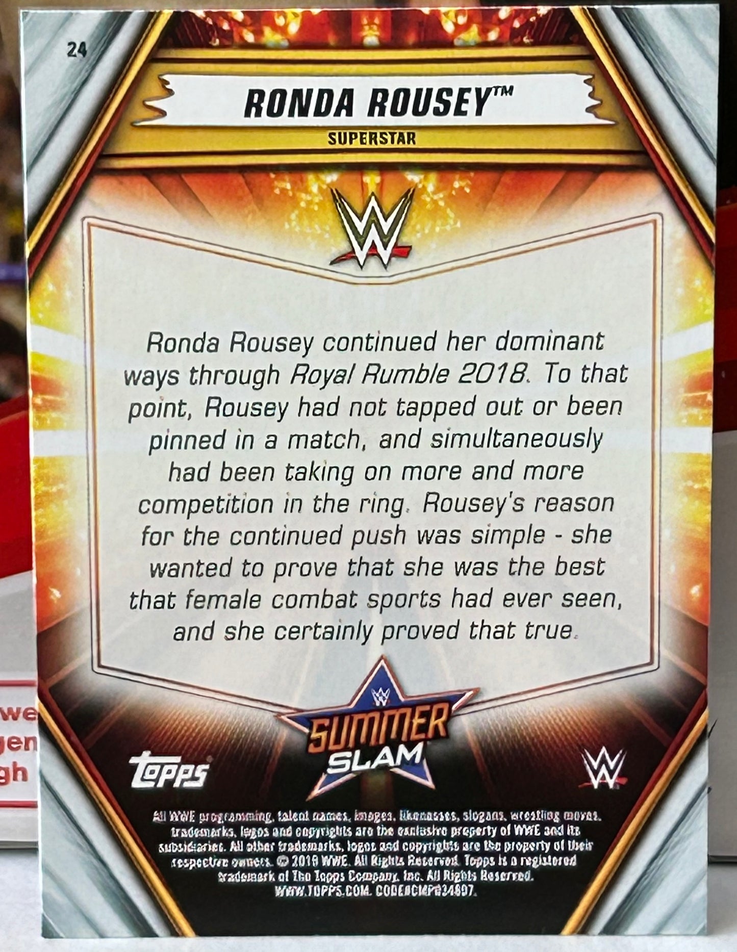 Ronda Rousey 2019 WWE Topps Summer Slam Card