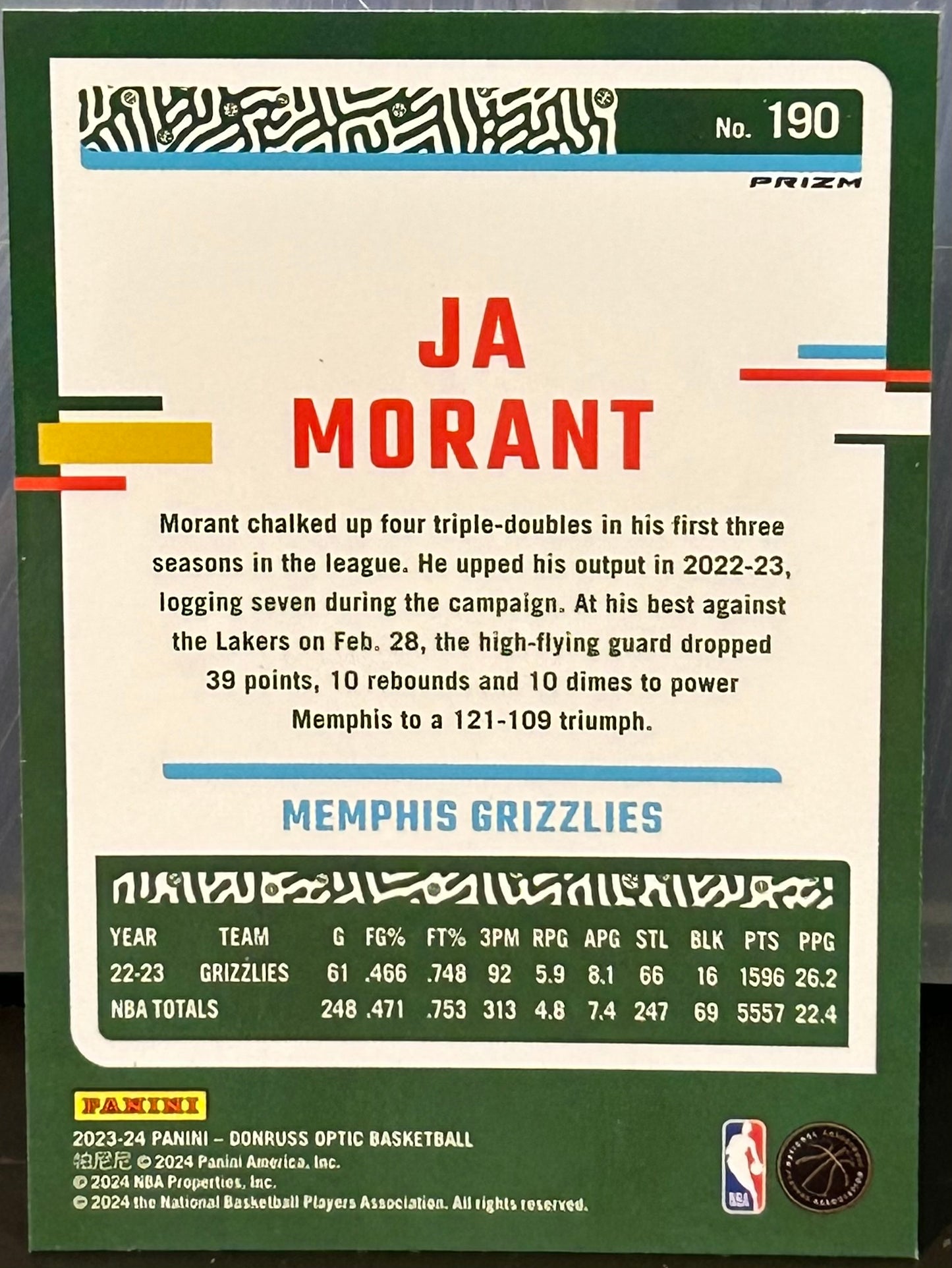 + Ja Morant 2023-24 Panini Donruss Optic Blue Velocity Prizm Card MEMPHIS GRIZZLIES