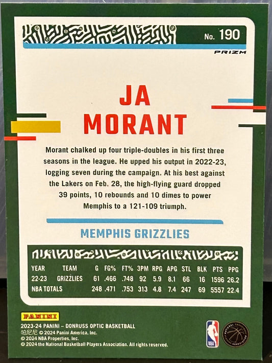 + Ja Morant 2023-24 Panini Donruss Optic Blue Velocity Prizm Card MEMPHIS GRIZZLIES