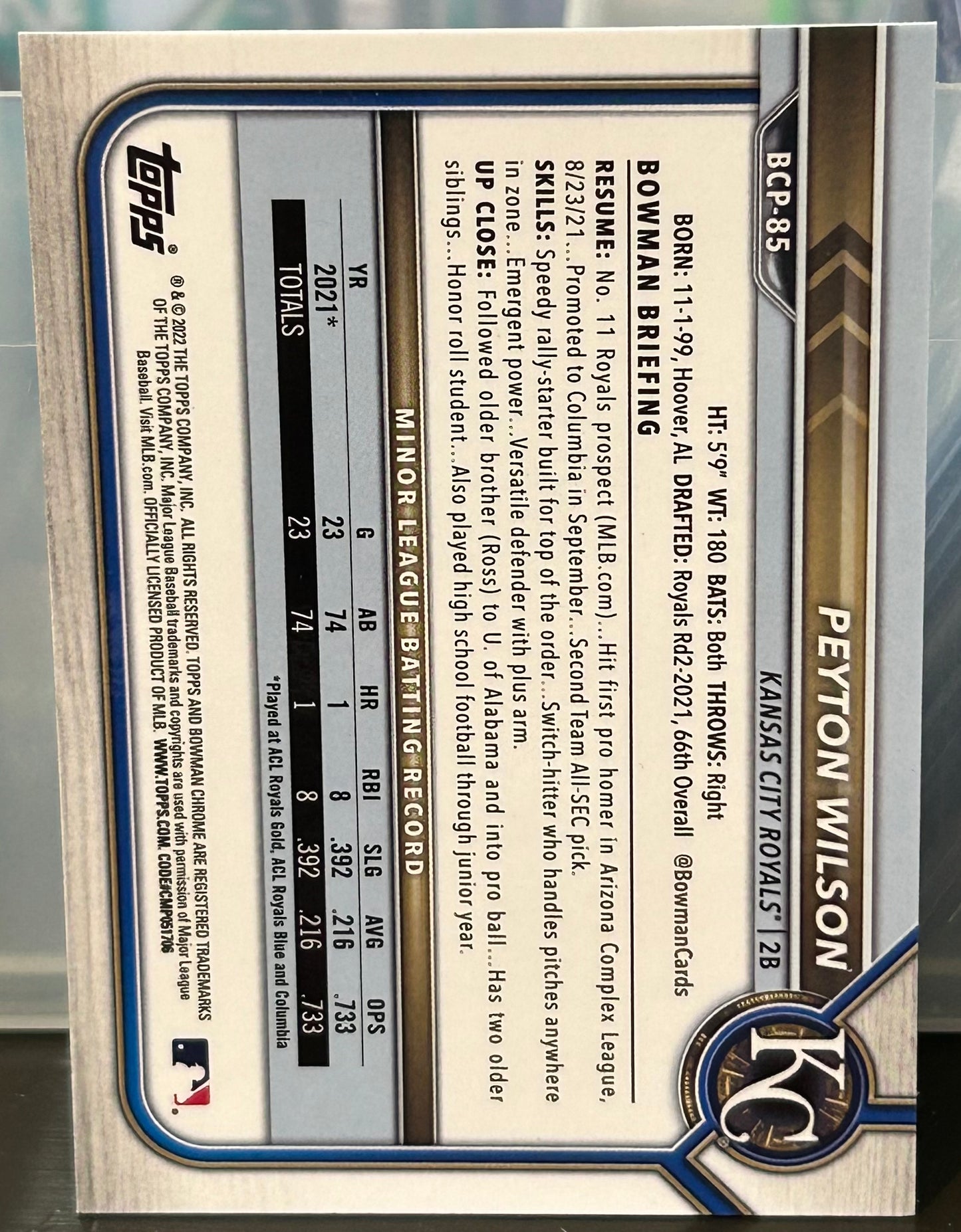 + Peyton Wilson 2022 1st Bowman Chrome Green Refractor ROOKIE Card #43/99 ROYALS