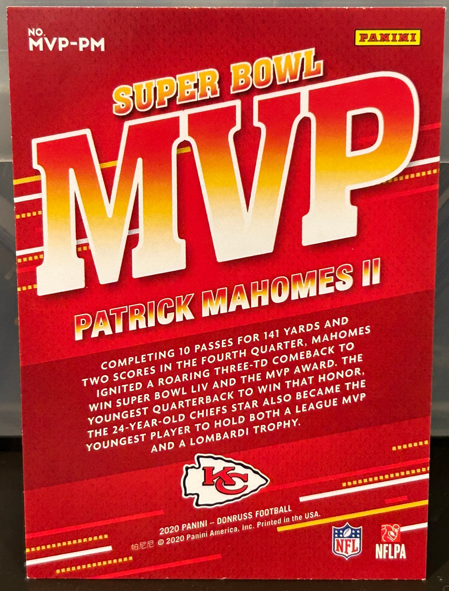 + Patrick Mahomes 2020 Panini Donruss “Super Bowl MVP” Insert Card KANSAS CITY CHIEFS