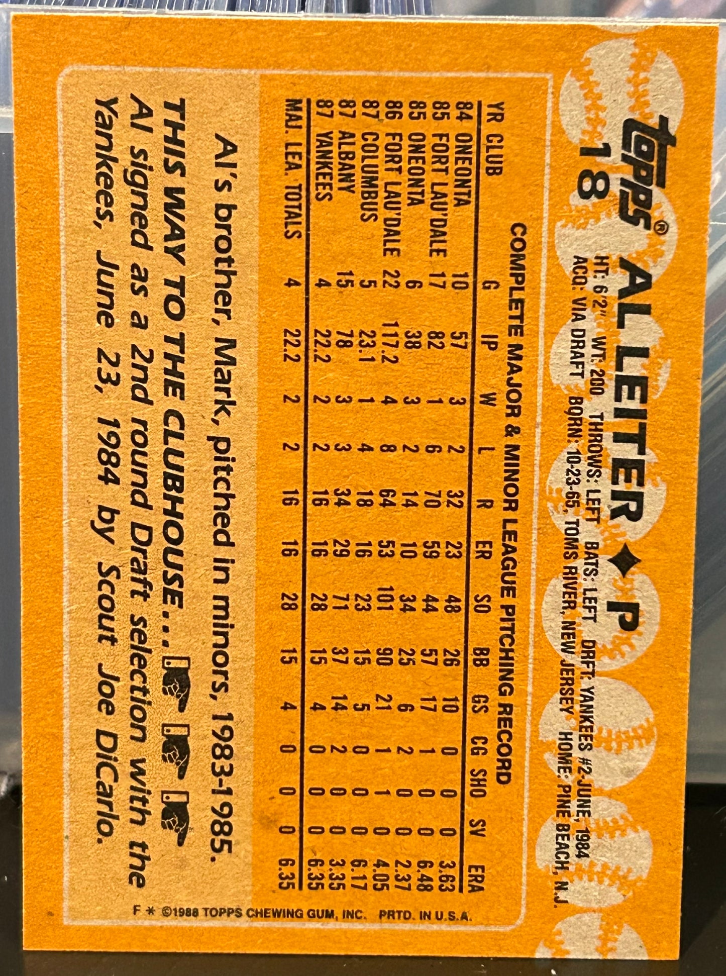 + Al Leiter 1988 Topps Future Stars ROOKIE Card YANKEES