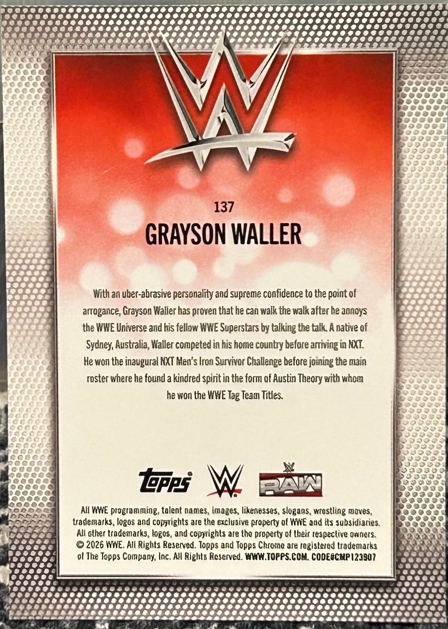 + Grayson waller 2026 WWE Topps Chrome X-Fractor Refractor Card