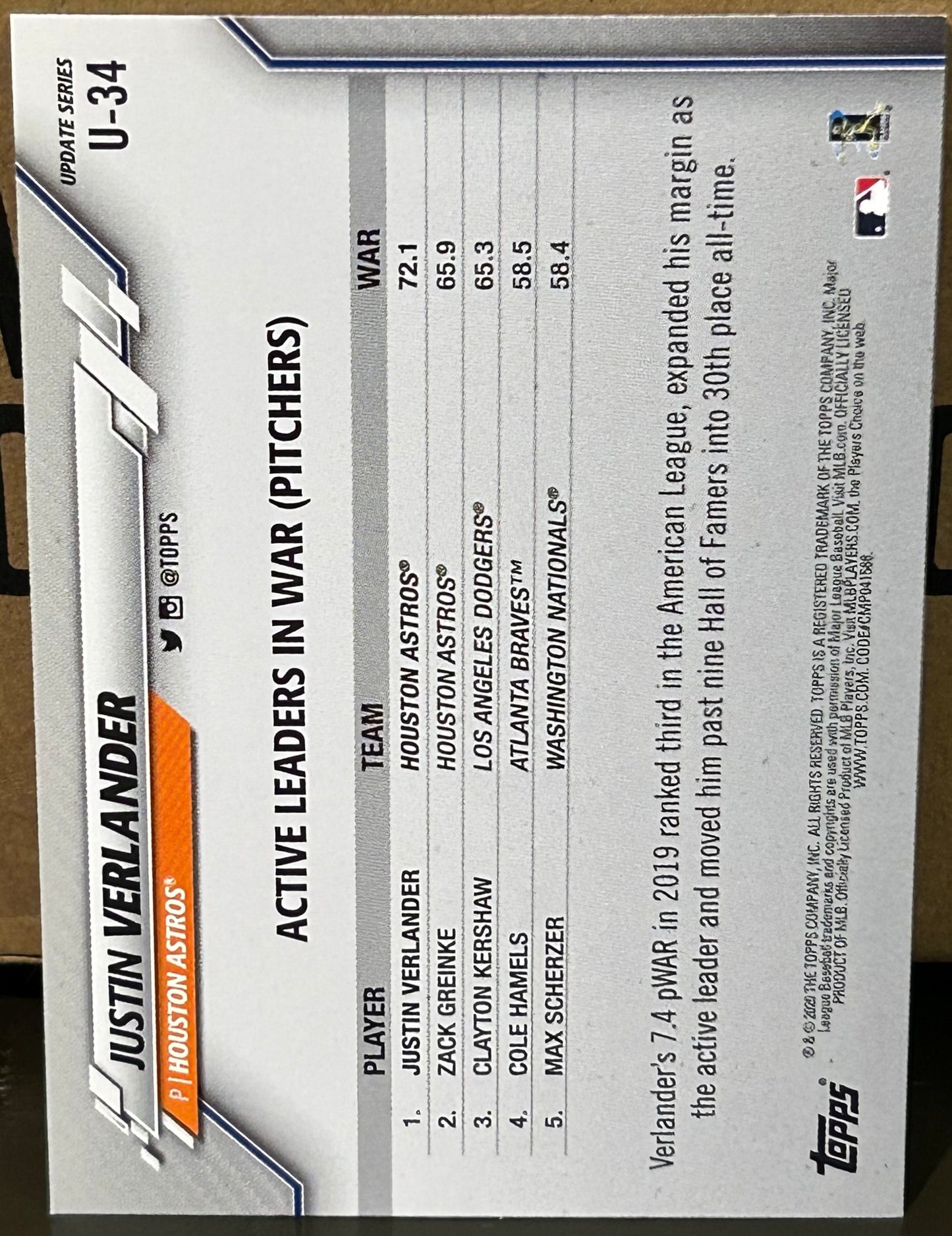 + Justin Verlander 2020 Topps Update Card #U-34 HOUSTON ASTROS