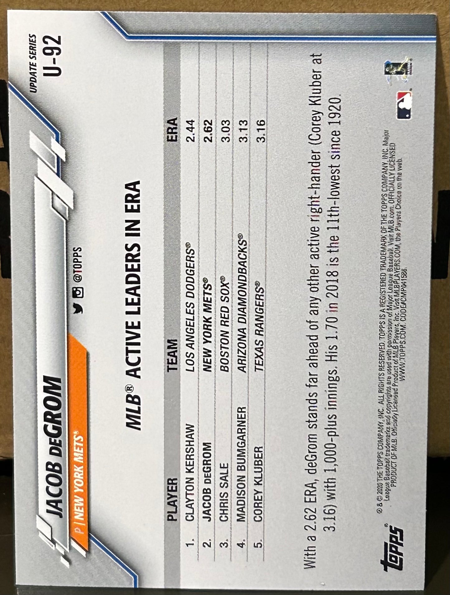 + Jacob DeGrom 2020 Topps Update Card #U-92 NY METS