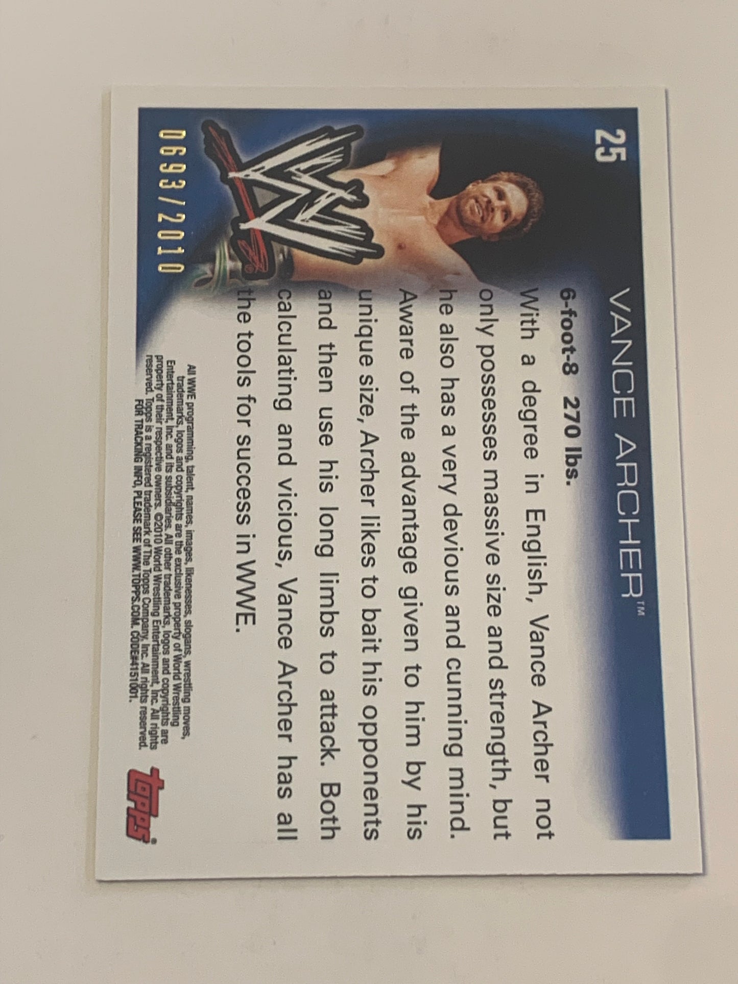 Vance Archer 2010 WWE Topps Blue Parallel Card #1693/2010 (Awesome Card)!!!