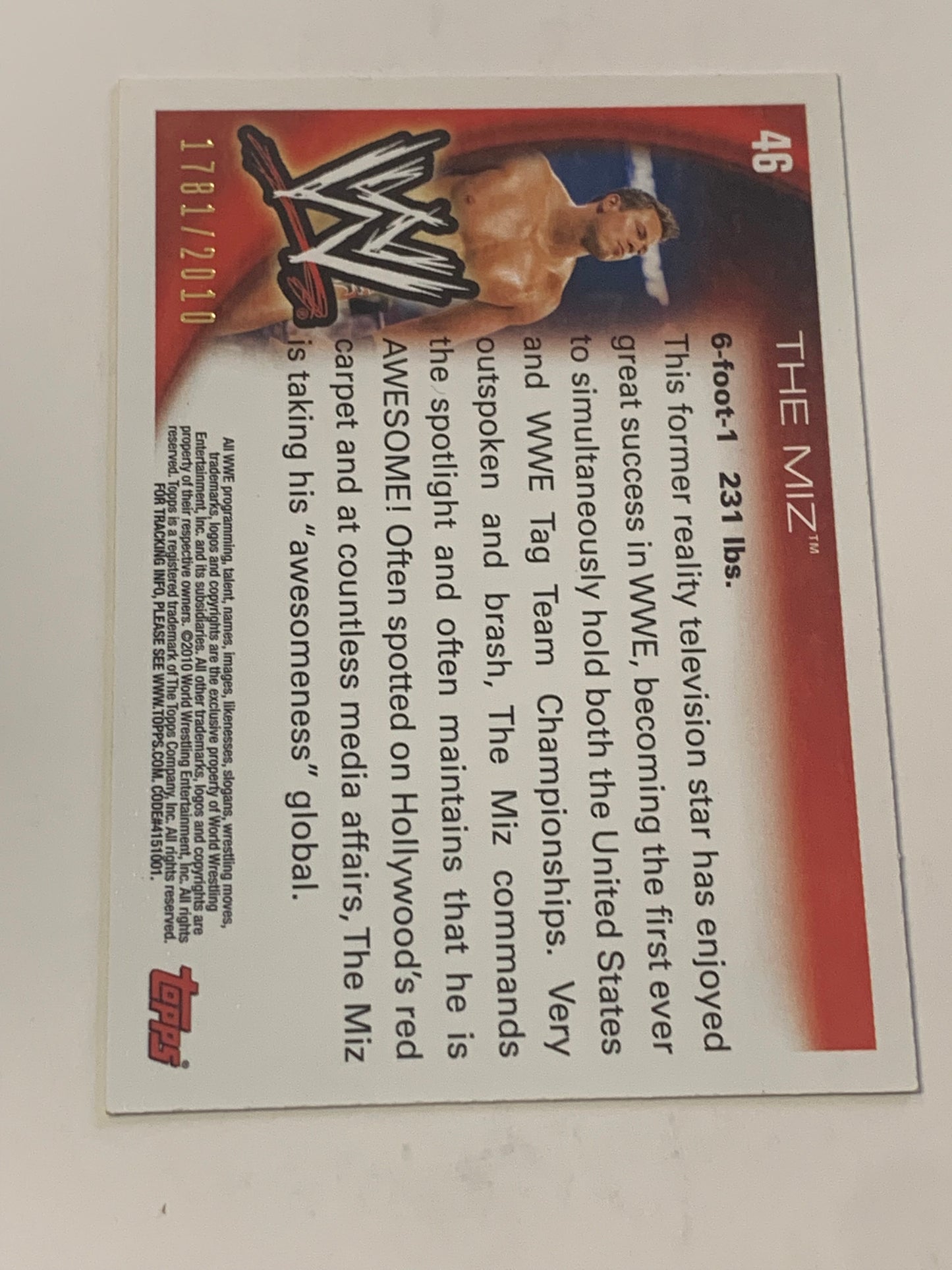The Miz 2010 WWE Topps Blue Parallel Card #1781/2010 (Awesome Card)!!!