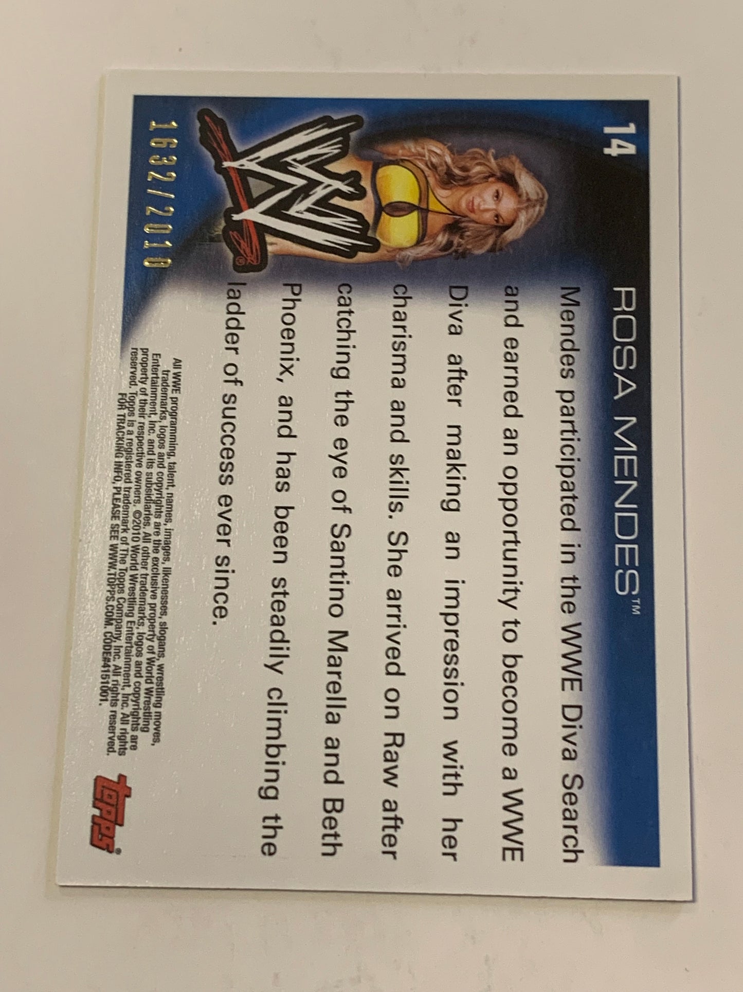 Rosa Mendes 2010 WWE Topps Blue Parallel Card #1632/2010 (Awesome Card)!!!