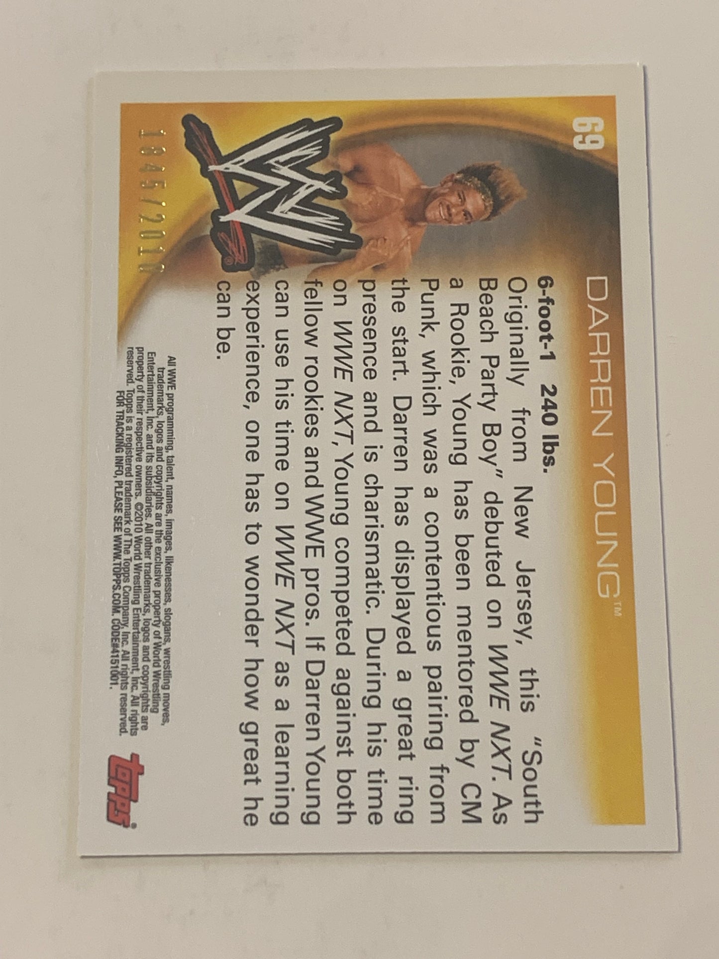 Darren Young 2010 WWE Topps Blue Parallel Rookie Card #1845/2010 (Awesome Card)!!!