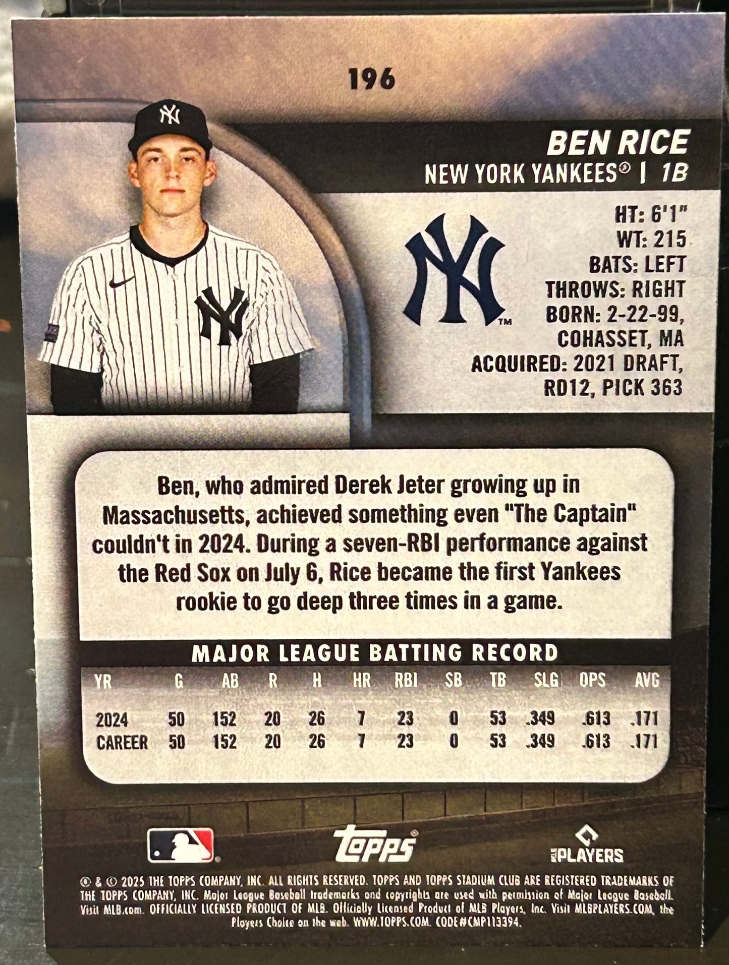 + Ben Rice 2025 Topps Stadium ROOKIE Card NY YANKEES