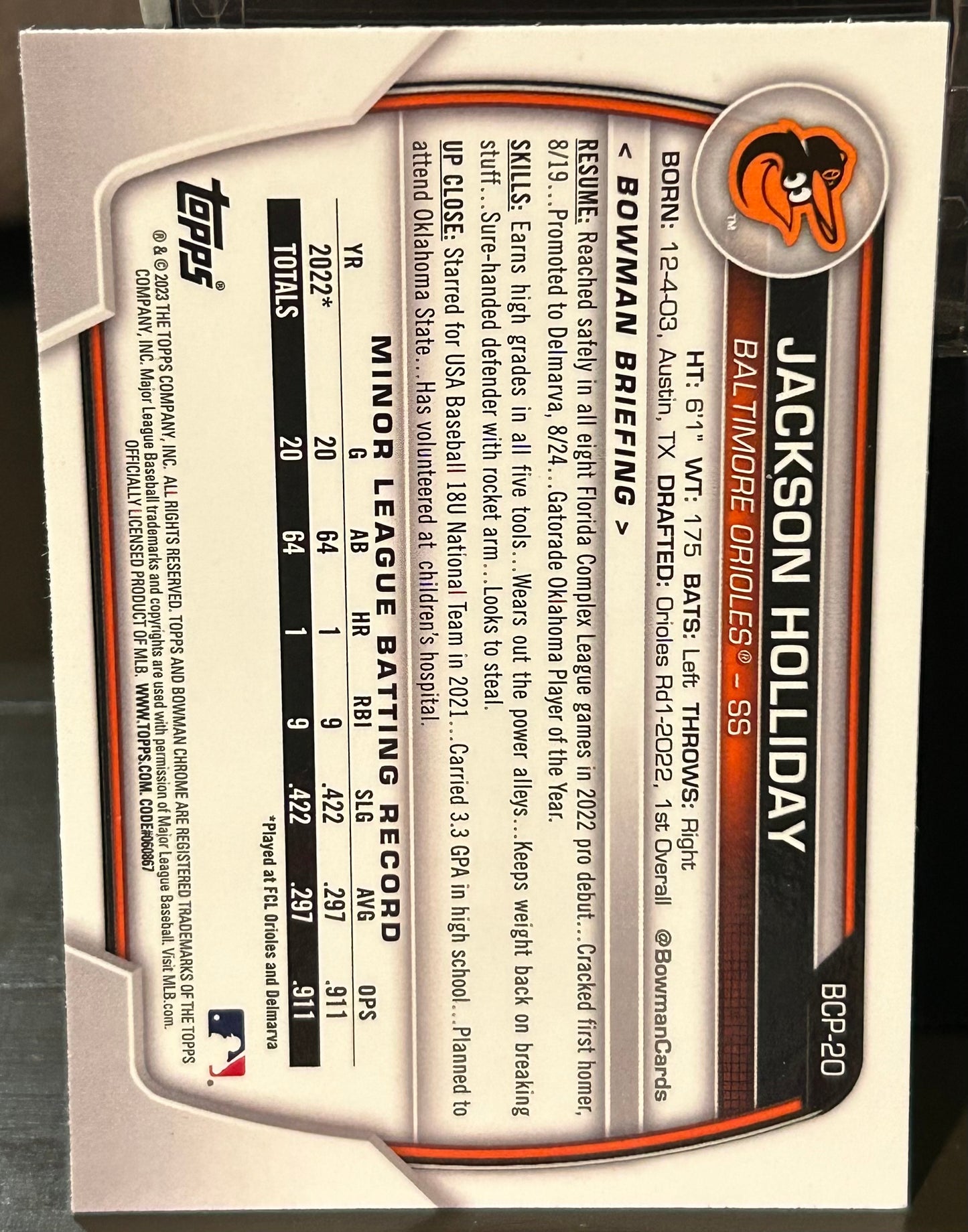 + Jackson Holiday 2023 Bowman Chrome MOJO Refractor Card BALTIMORE ORIOLES