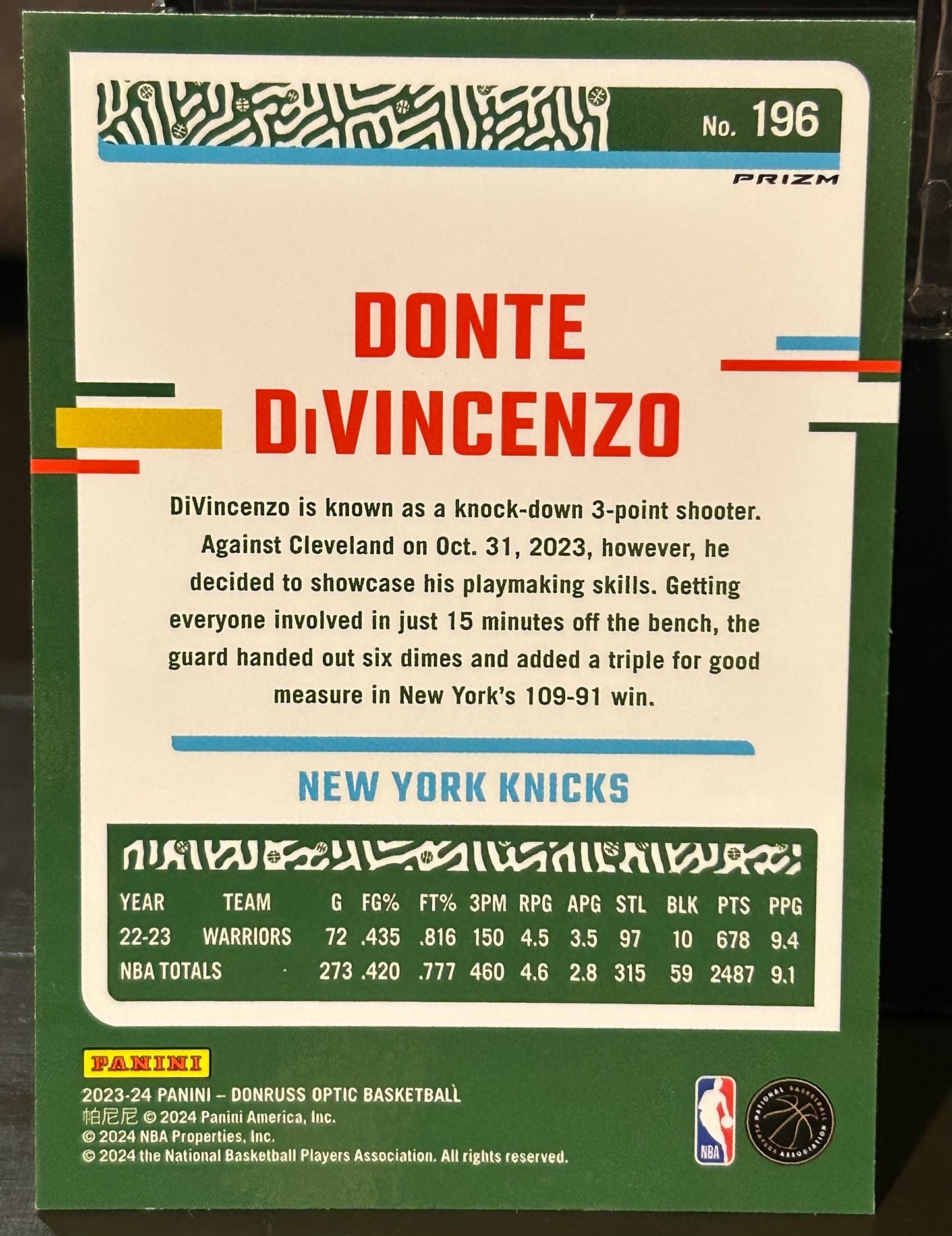 + Donte DiVincenzo 2023-24 Donruss Optic Purple Prizm Card NY KNICKS