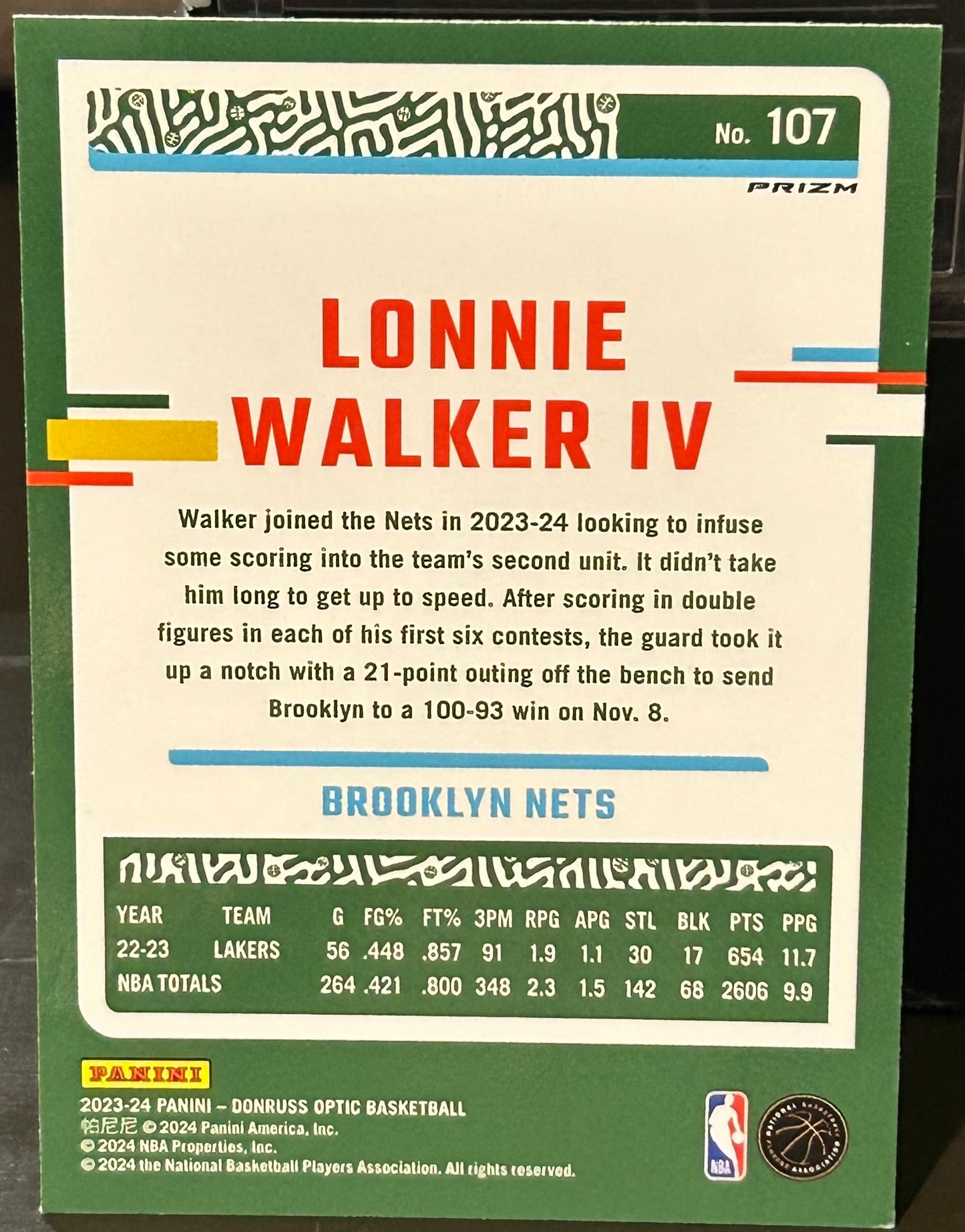 + Lonnie Walker 2023-24 Donruss Optic Purple Prizm Card BROOKLYN NETS