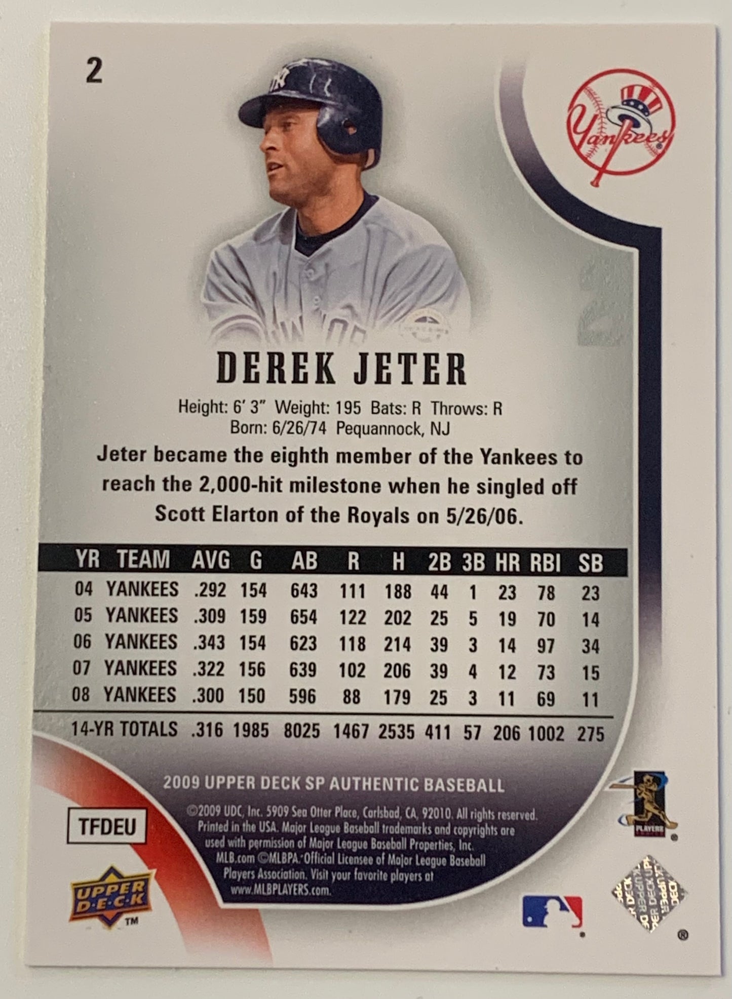 Derek Jeter 2009 UD Upper Deck SP Authentic Card YANKEES