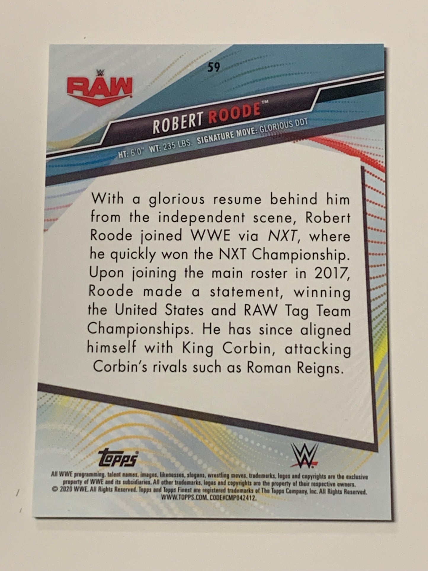 Bobby Roode 2020 WWE Topps Finest Green Refractor Card #59/99