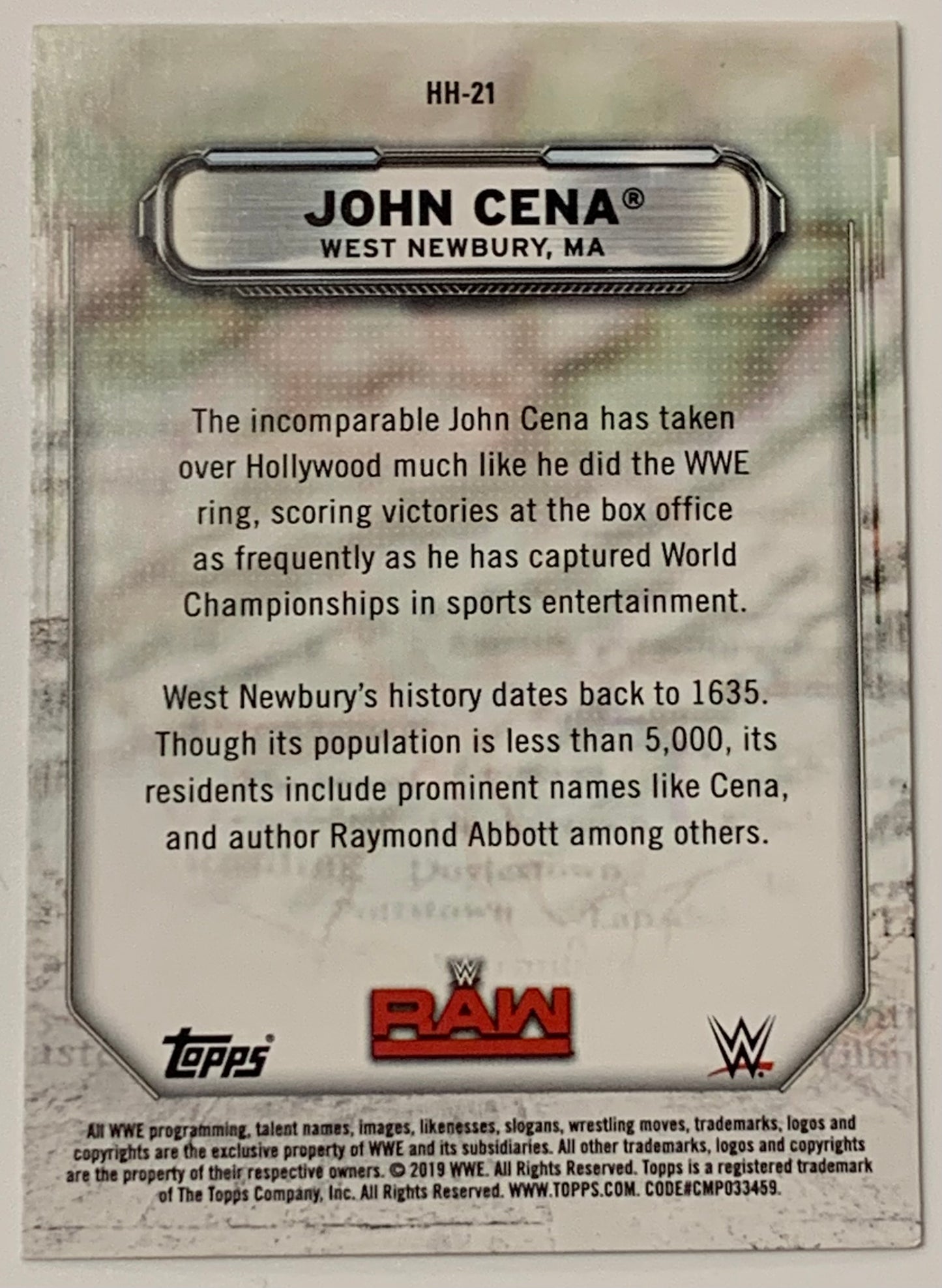 John Cena 2019 WWE Topps “Hometown Heries” Insert Card