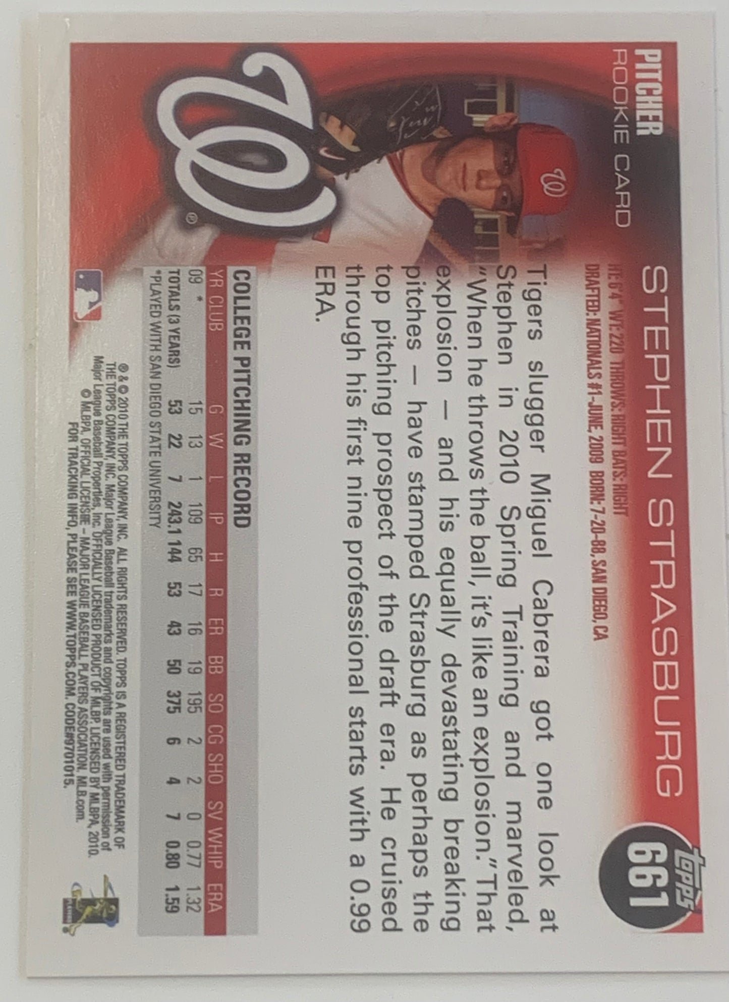 Stephen Strasburg 2010 Topps ROOKIE Card NATIONALS