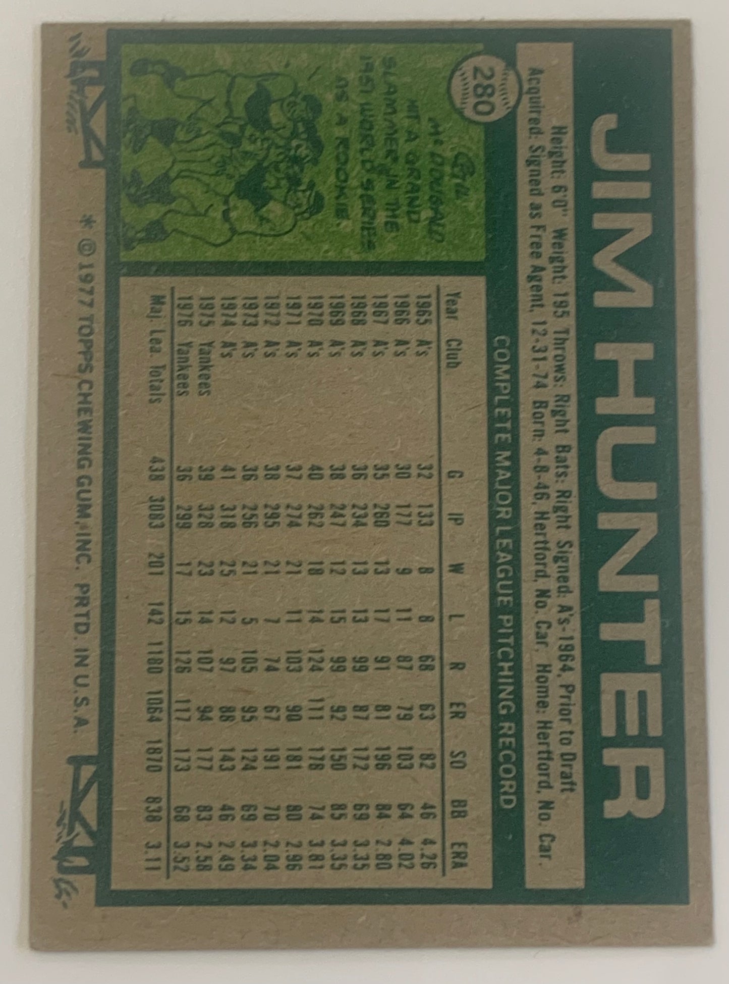 Jim “Catfish” Hunter 1977 Topps Baseball Card YANKEES