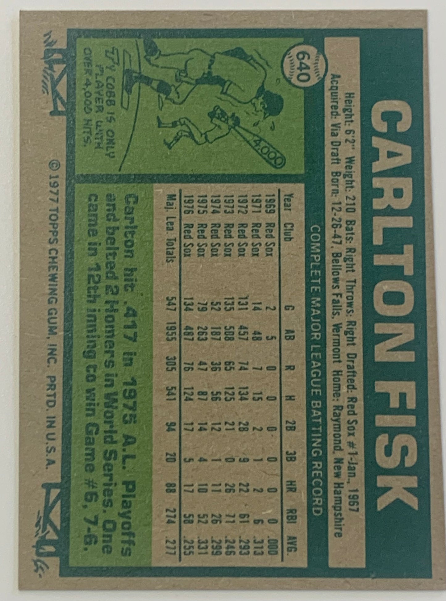 Carlton Fisk 1977 Topps Baseball Card RED SOX V1