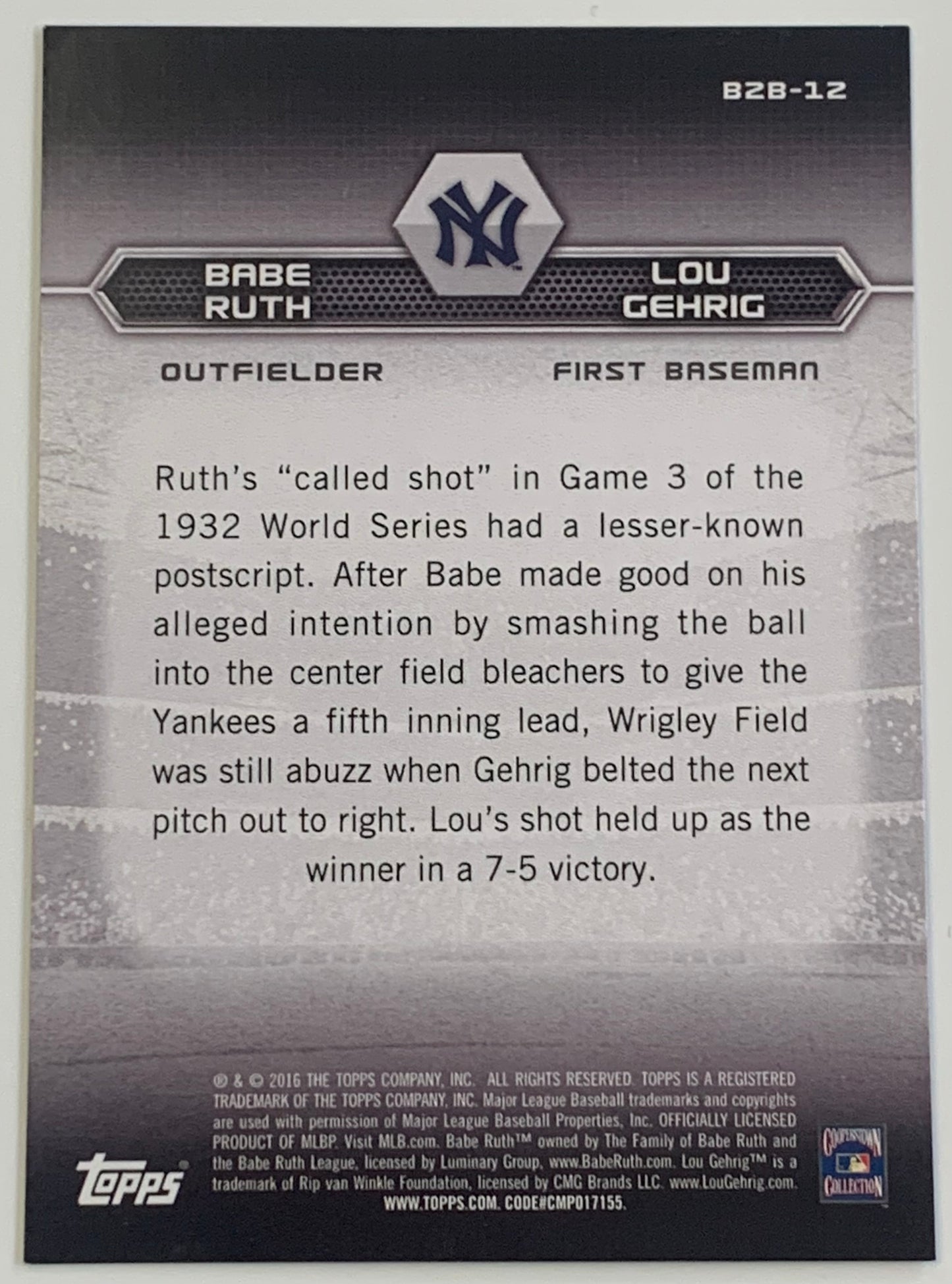 Babe Ruth & Lou Gehrig 2016 Topps “Back To Back” Basell Insert Card