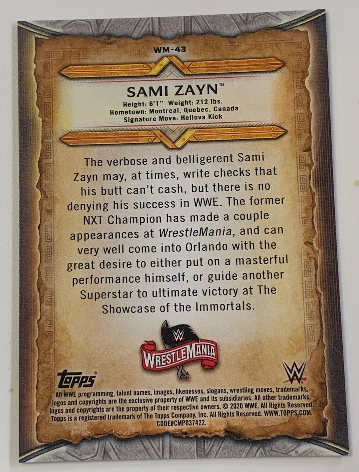 Sami Zayn 2020 WWE Topps Wrestlemania Insert Card