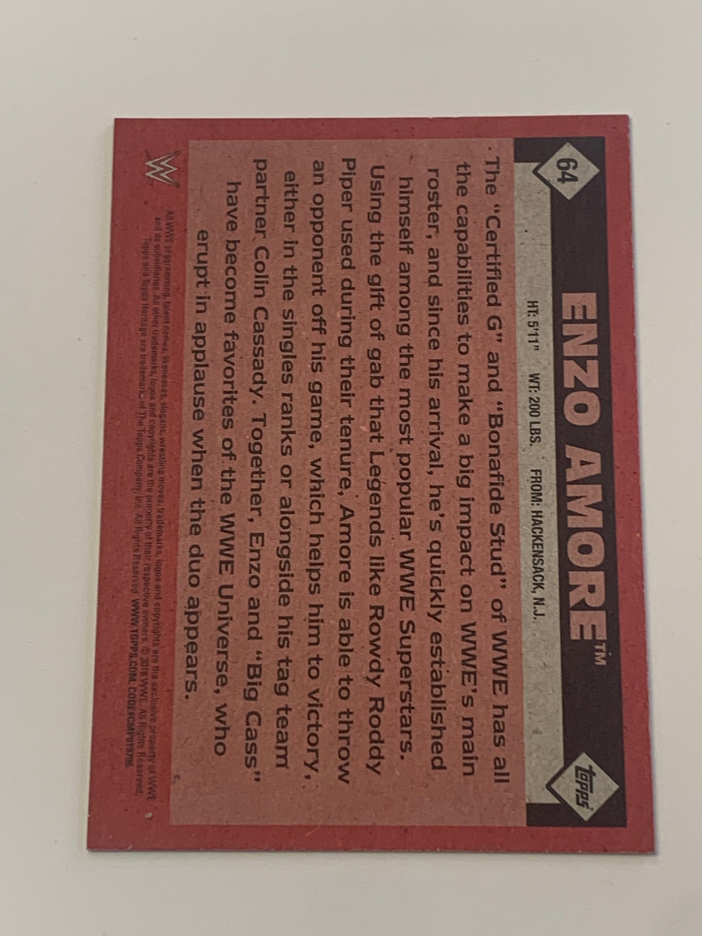 Enzo Amore 2016 WWE Topps Rookie SIGNED COA