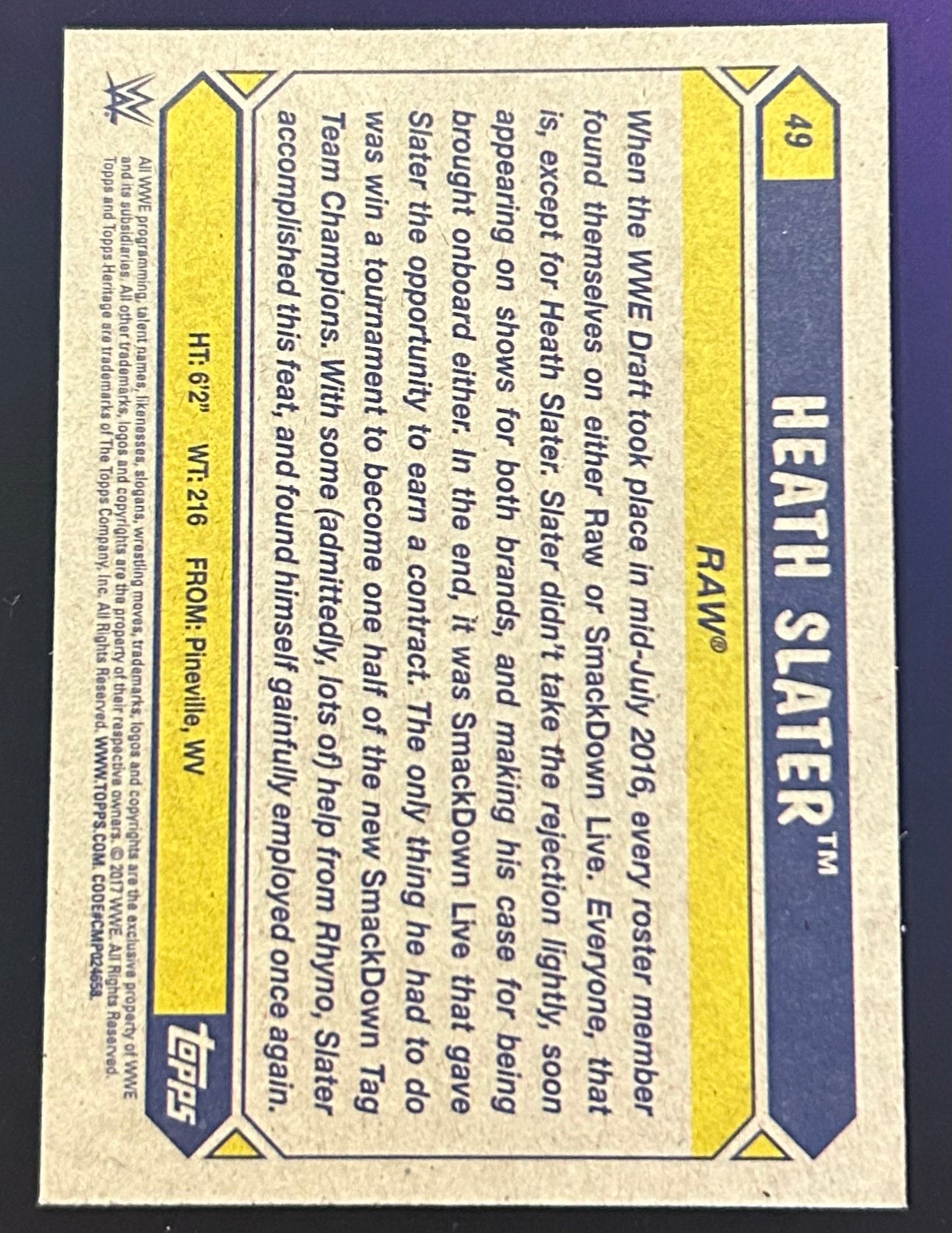 * Heath Slater 2017 WWE Topps Heritage Card