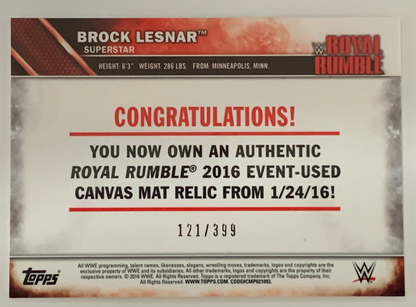 Brock Lesnar 2016 WWE Topps Royal Rumble Event Used Mat Relic #/399