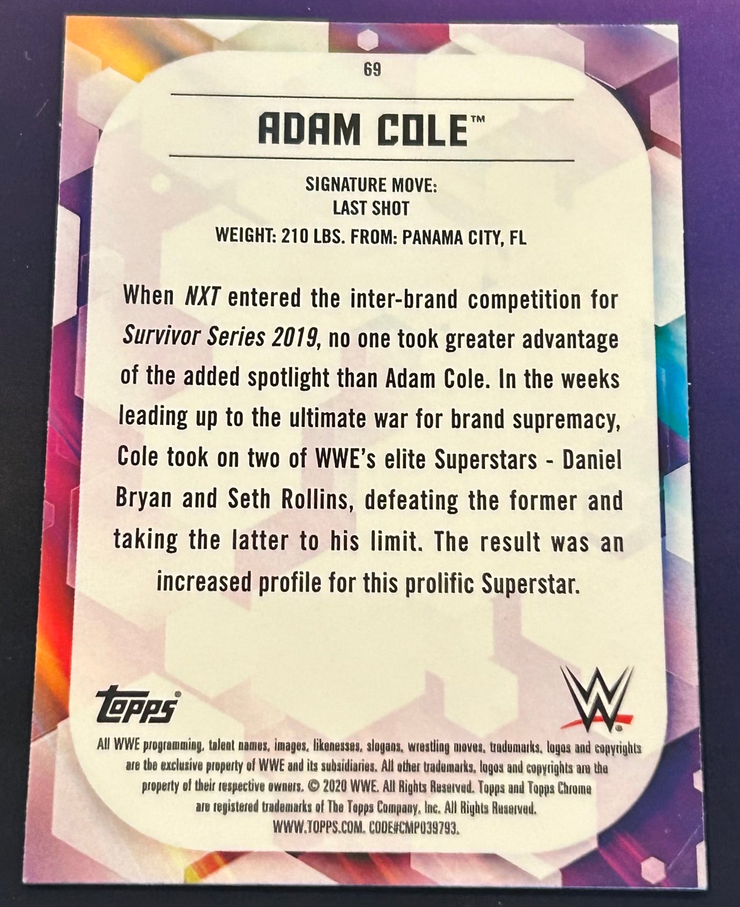 * Adam Cole 2020 NXT WWE Topps Chrome Card