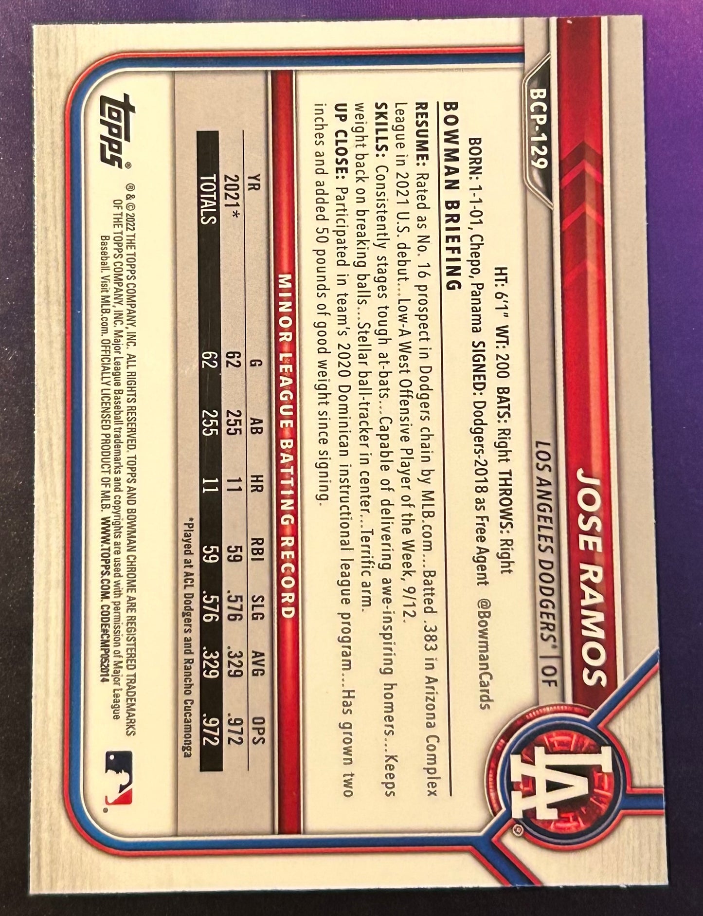 * Jose Ramos 2022 Bowman Chrome MOJO 1st Rookie Card DODGERS