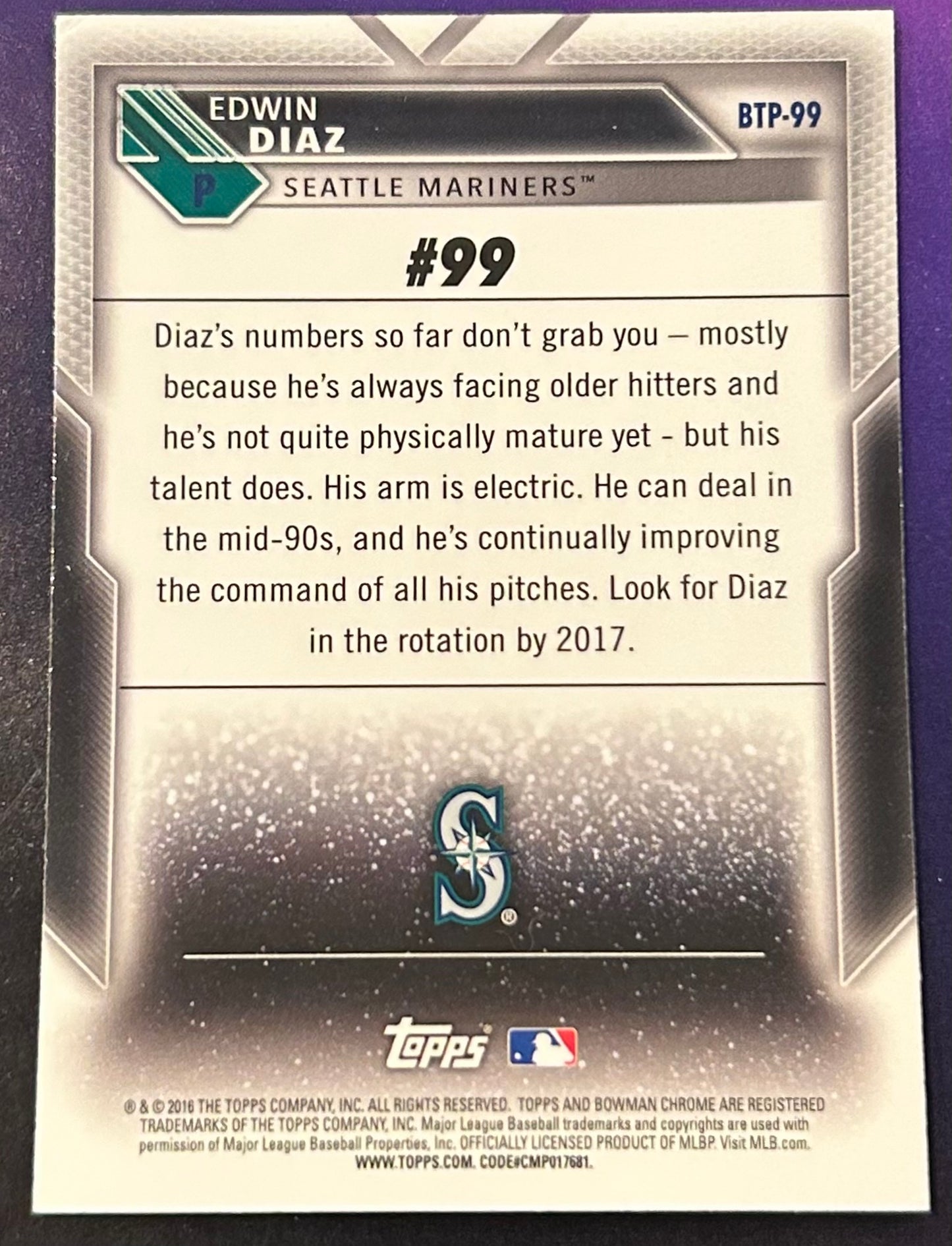 * Edwin Diaz 2016 Bowman “Bowman Scouts Top 100” Baseball Card MARINERS