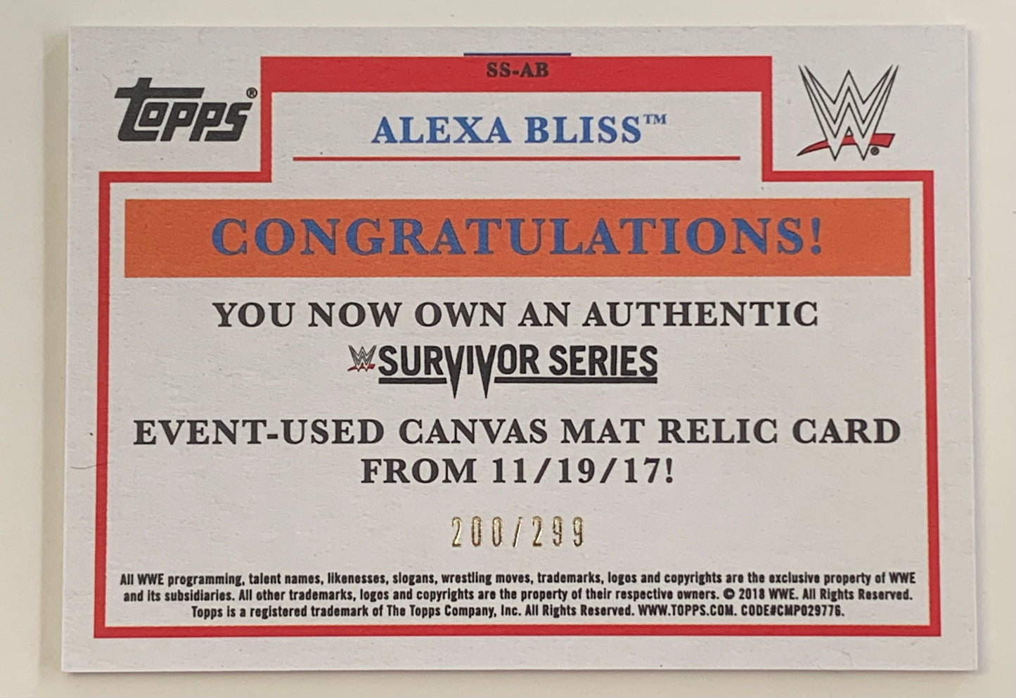 Alexa Bliss 2018 WWE Topps “Survivor Series 2017 Event-Used Canvas Mat Relic” Card #/299