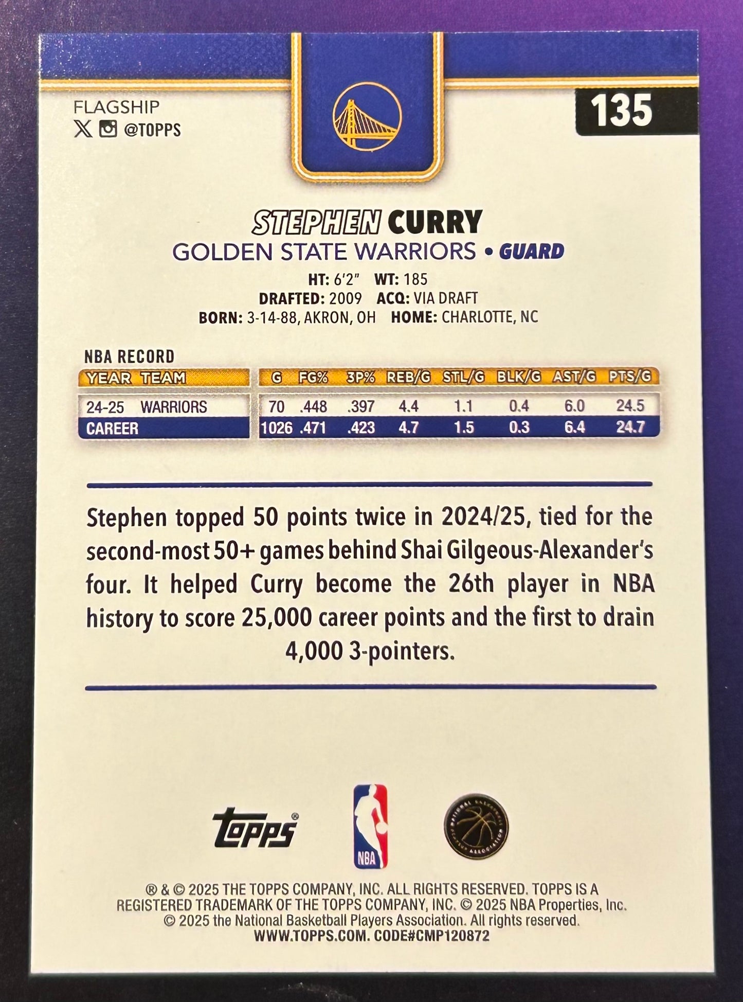 * Stephen Curry 2025-26 Topps NBA Card WARRIORS