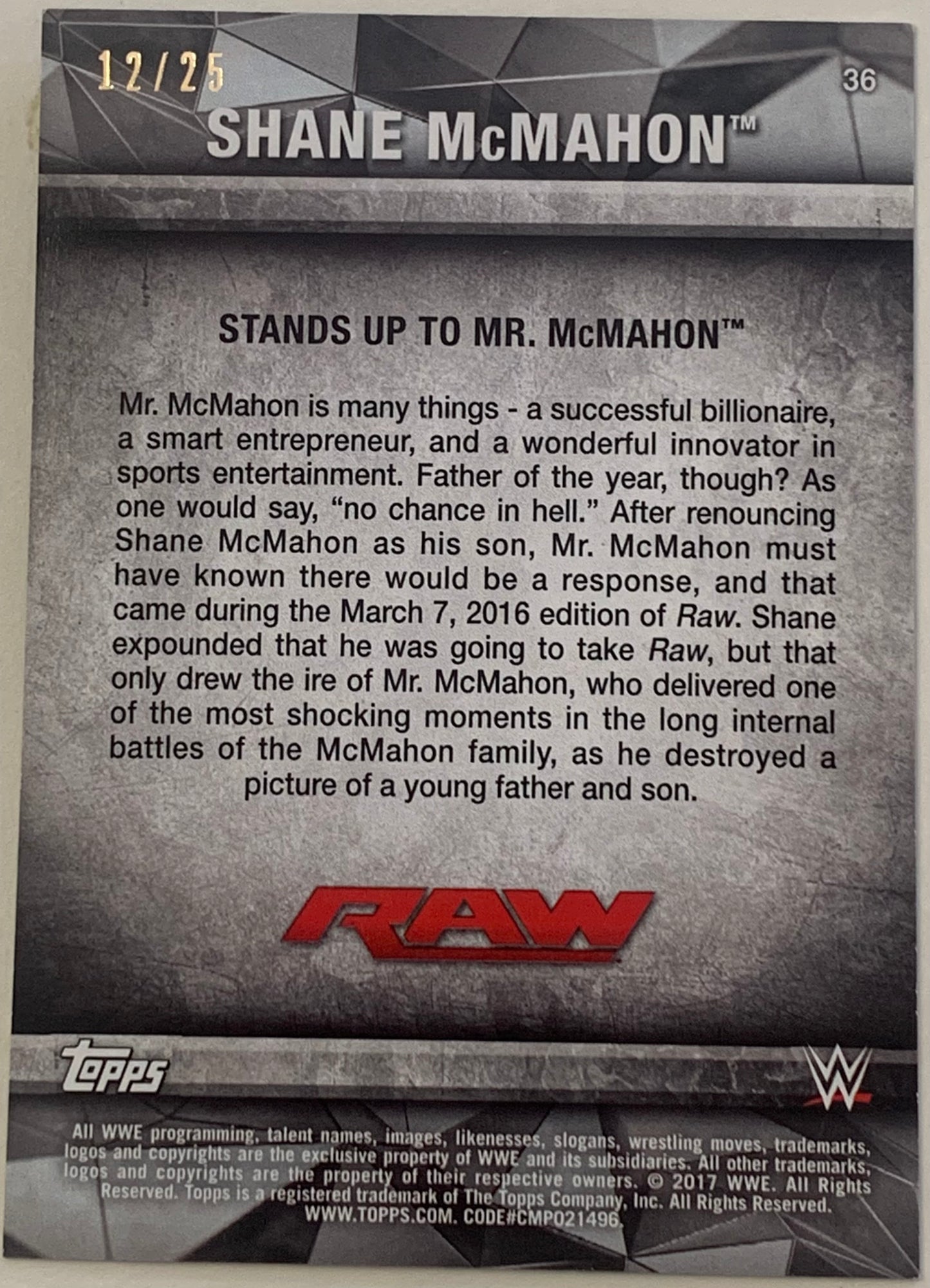 Shane McMahon 2017 WWE Topps RAW Parallel Card #12/25 (Only 25 Made)!!!