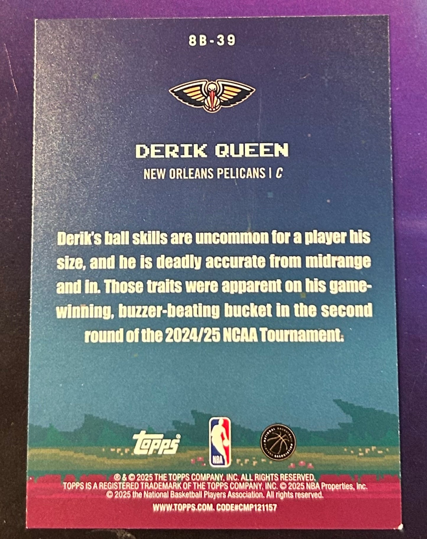 * Derik Queen 2025-26 Topps NBA “8-Bit Ballers” Insert ROOKIE Card PELICANS