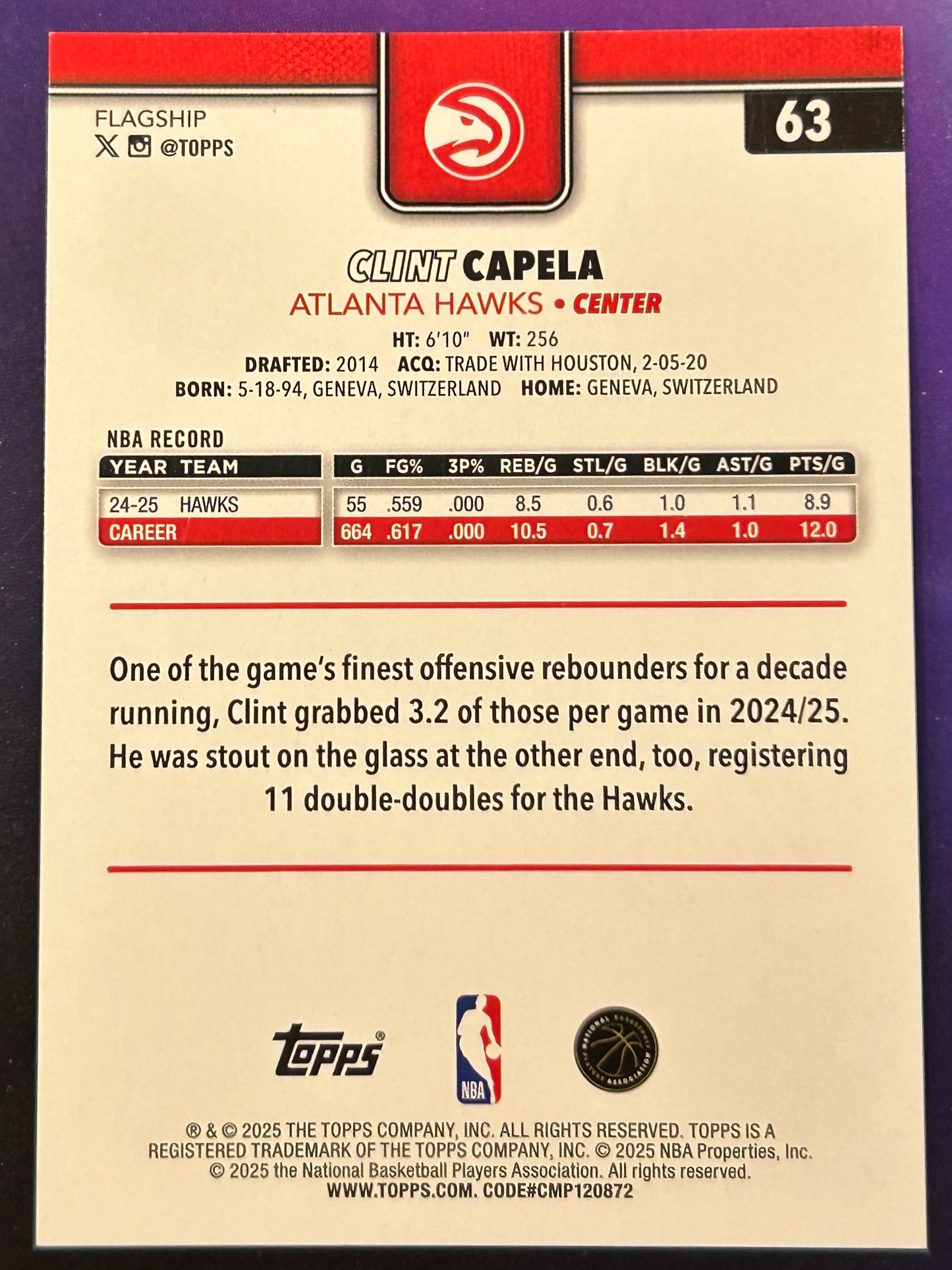 * Clint Capela 2025-26 Topps NBA Green SP Card #41/99 HAWKS