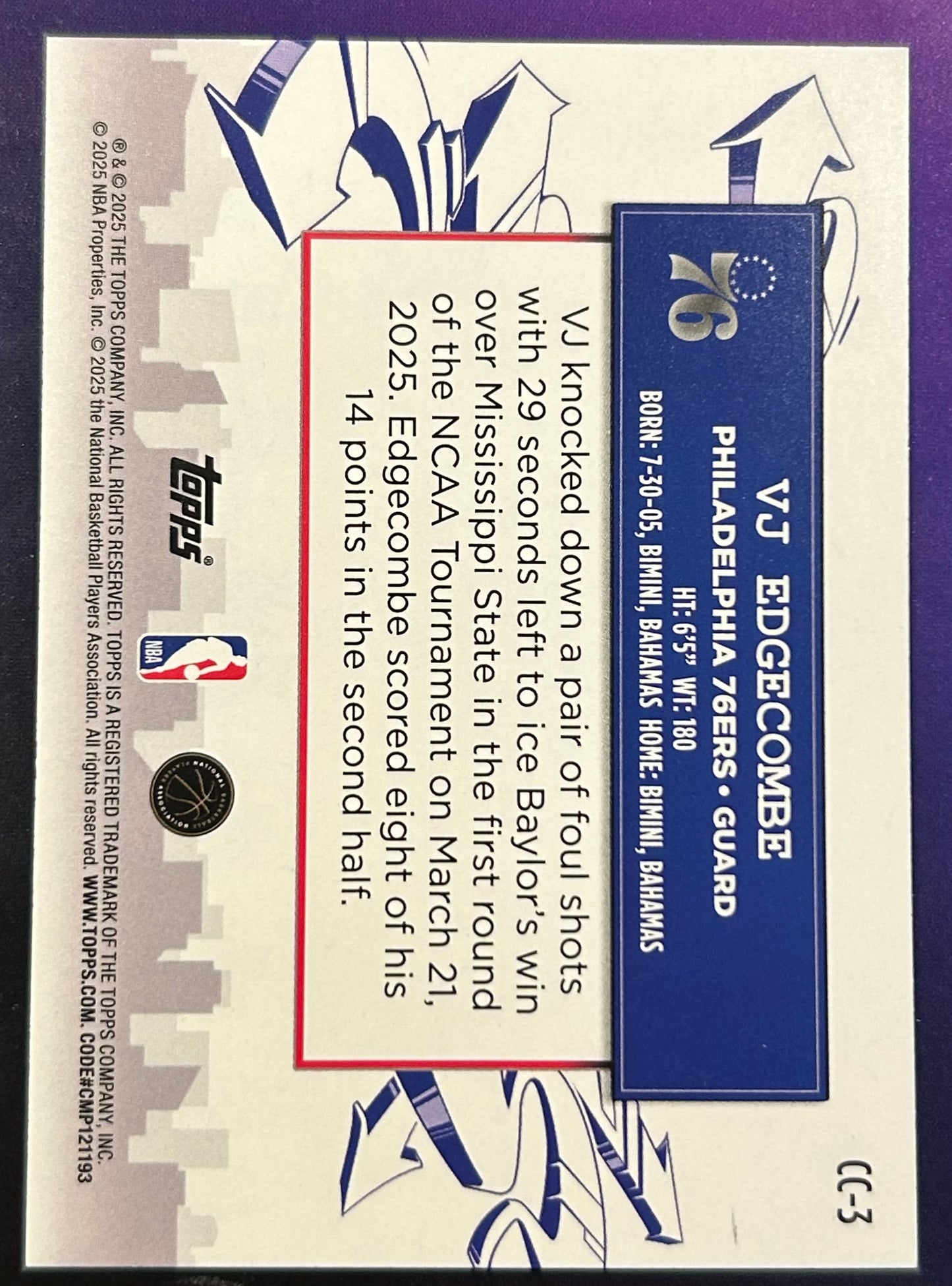 * VJ Edgecombe 2025-26 Topps NBA “Clutch City Prospects” Insert Rookie Card 76ers