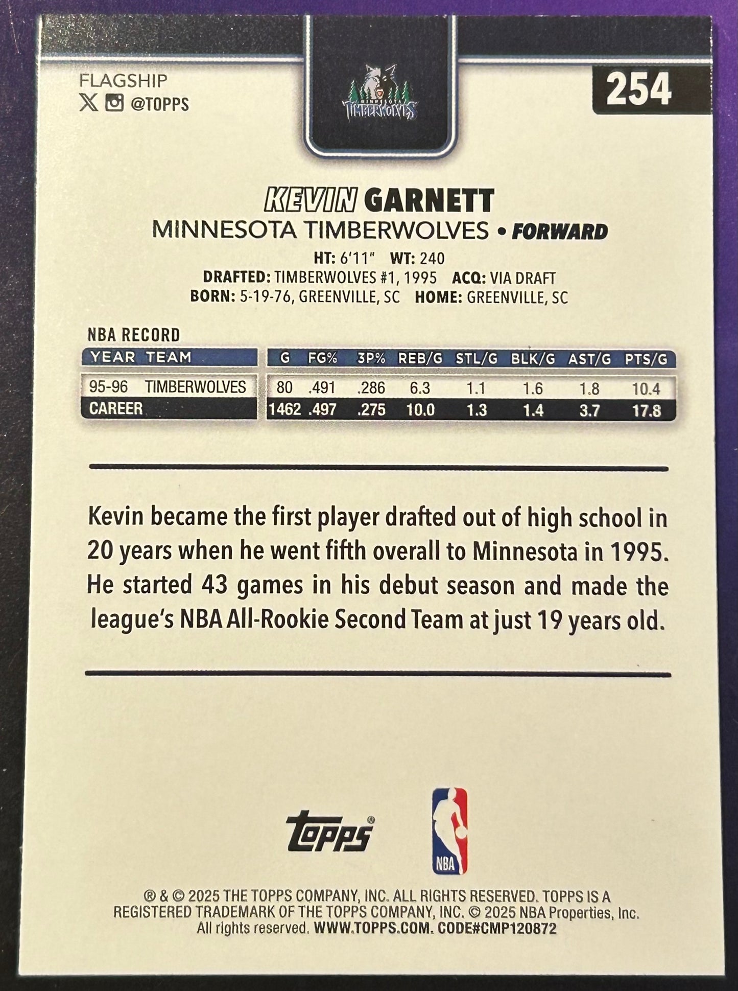 * Kevin Garnett 2025-26 Topps NBA Card TIMBERWOLVES